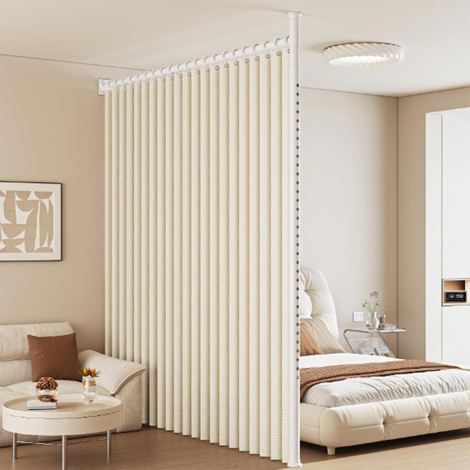 Room Divider Adjustable 6-10FT(H) White Tension Curtain Rods No Drilling Heavy Duty Room Deparator 63-141 (W) Inches Floor To Ceiling Drapery Rod For Space Partition Bedroom Living Room