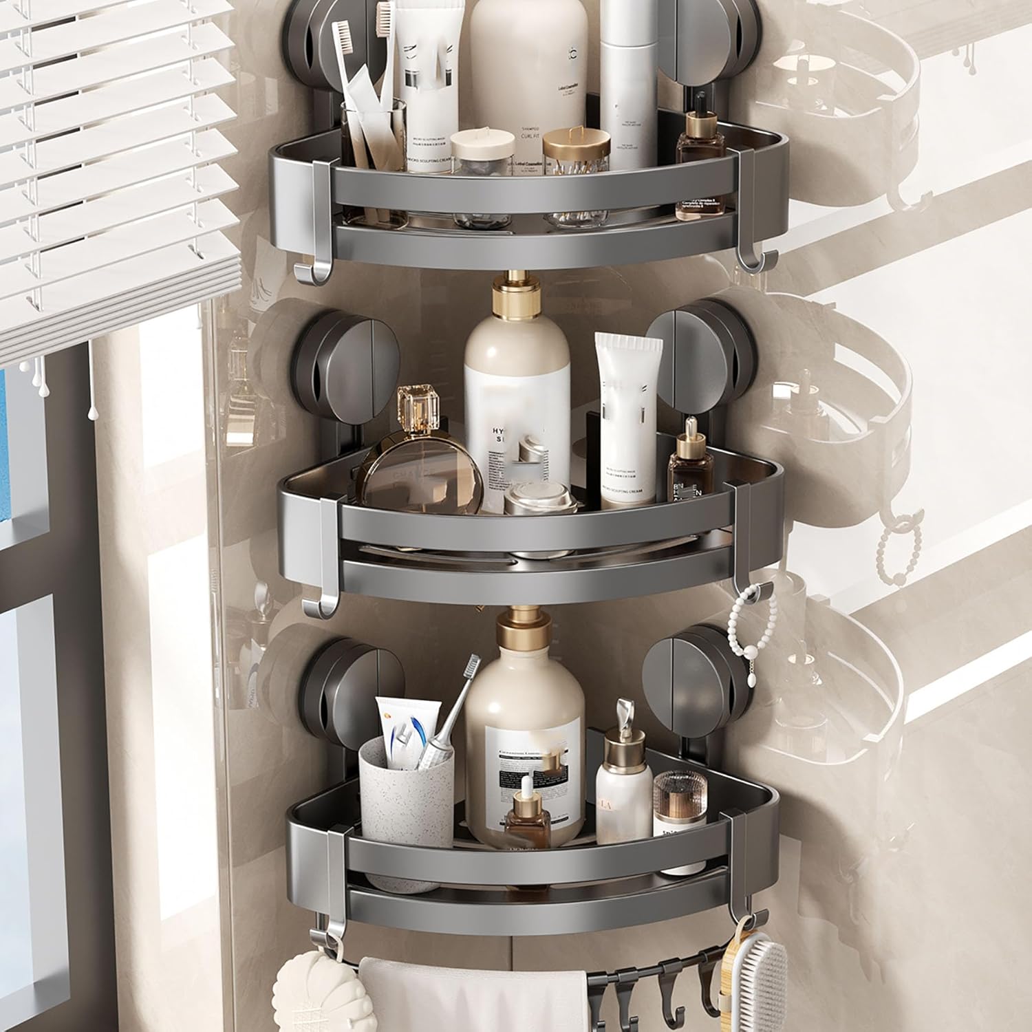 SRURLLUG Suction Cup Shower Corner Caddy Removable Shower Organizer Basket Wall Mounted Shower Triangle Organizer Stainless Steel Shower