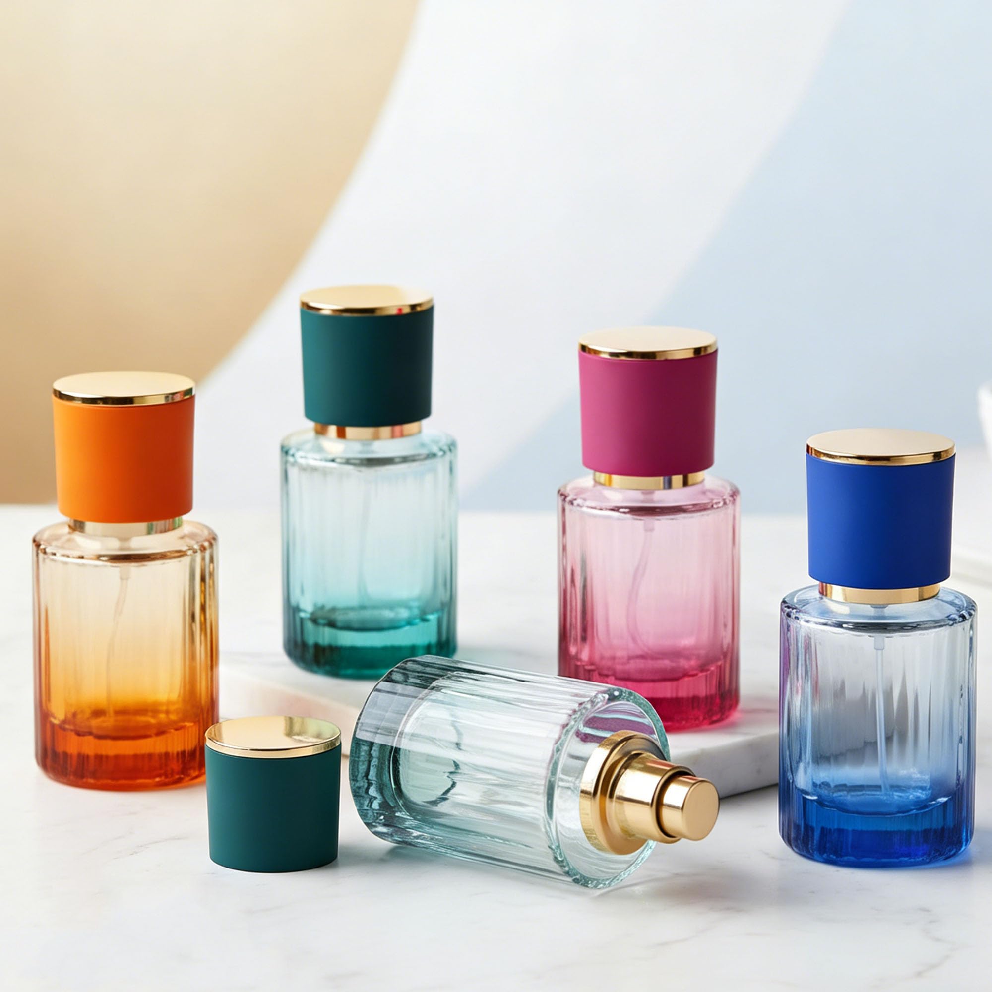 DAYUMKOU Leere Parfüm-Glasflasche, 30 ml, nachfüllbare Parfümflasche mit Farbverlauf, feiner Nebel, Sprühflaschen mit Pipetten und Trichtern, 6 Farben (je 5 Stück)