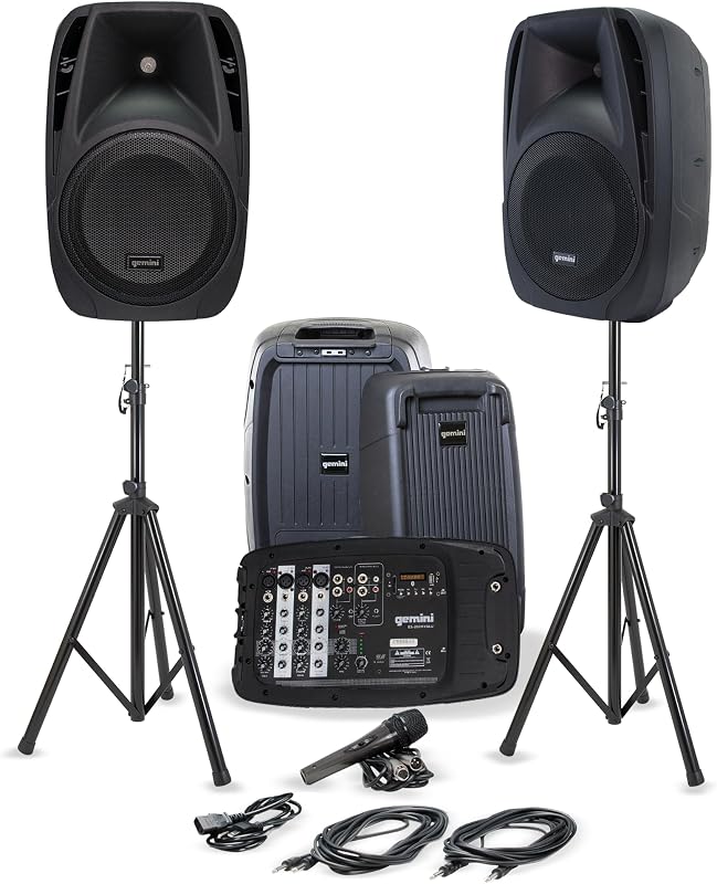 Gemini Dual 10" Powered PA System & Stands, 600W (ES-210MXBLU-ST) | Dual 10" PA with tripod stands - 6-channel powered mixer, 4 mic in - Bluetooth, USB - mic included