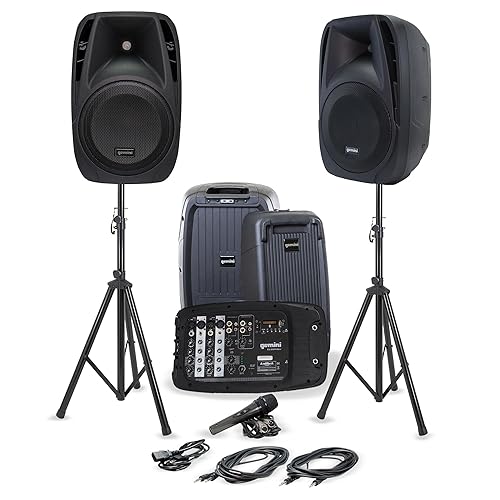 Gemini Portable PA System with Stands - 600W Bluetooth Speaker System with 6-Channel Mixer, Dual 10" Speakers, Mic & Cables - Complete All-in-One Kit for Small Events, DJs & Karaoke (ES-210MXBLU-ST)