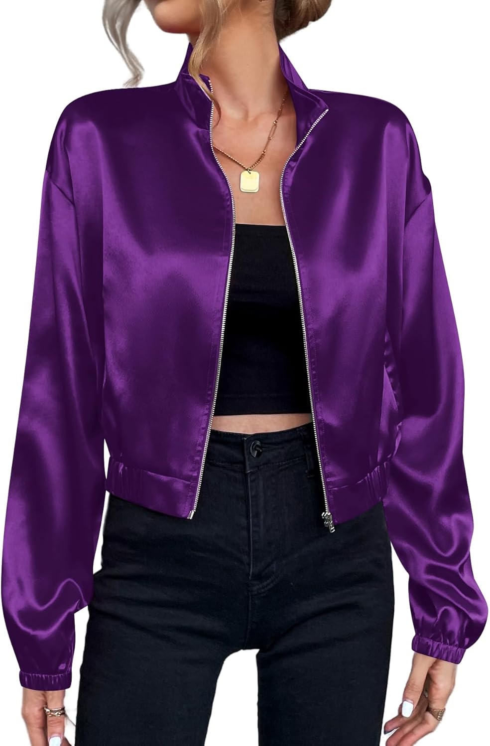 Verdusa Women's Bomber Satin Lightweight Jacket Drop Shoulder Long Sleeve Zip Up Outerwear
