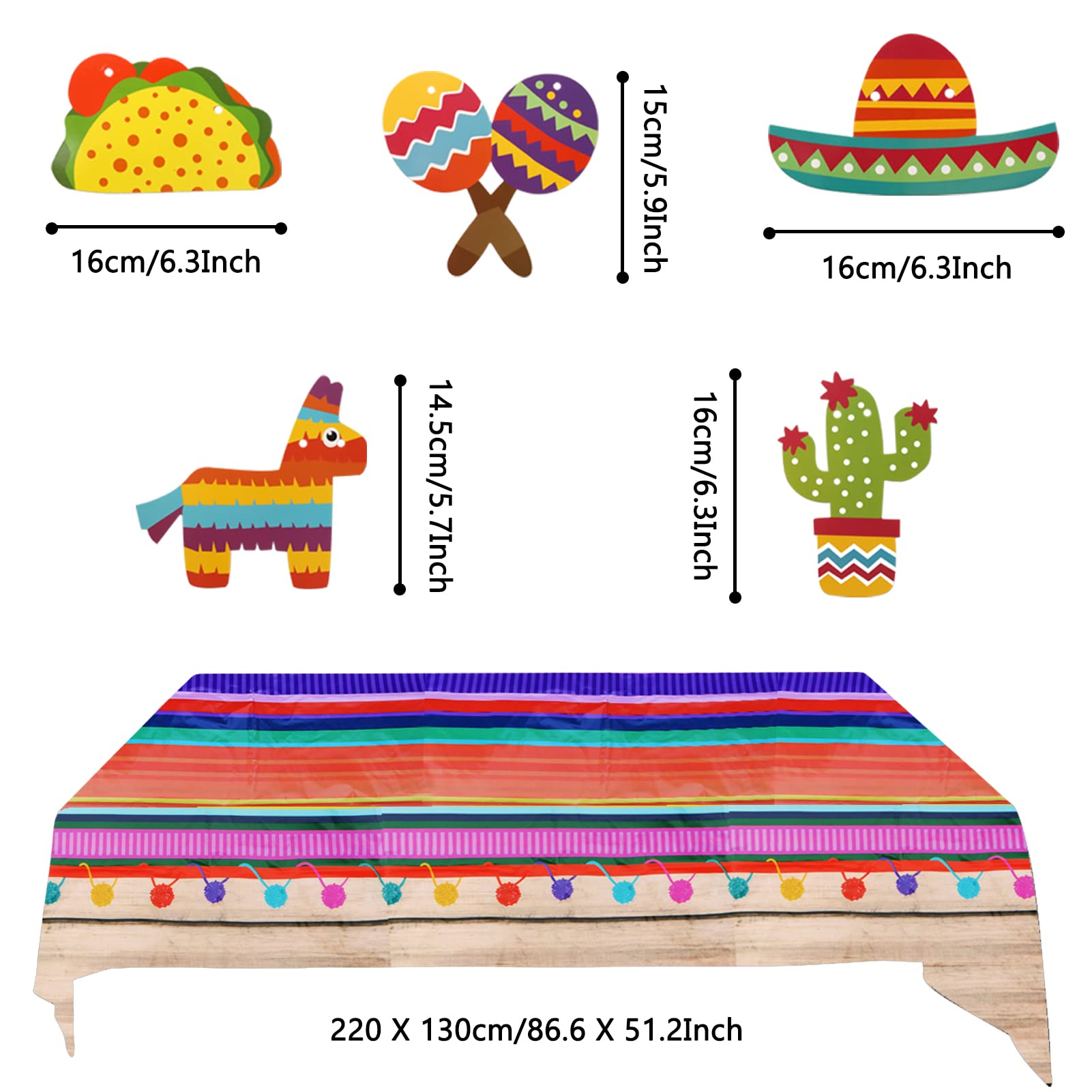 Fiesta Party Dekorationen, Mehrfarbige Tischdecken Papierfächer Pompons Dekorationen Mexikanisches Kunststoff Papel Picado Banner für Fiesta Mexikanischer Cinco de Mayo Taco-Geburtstag