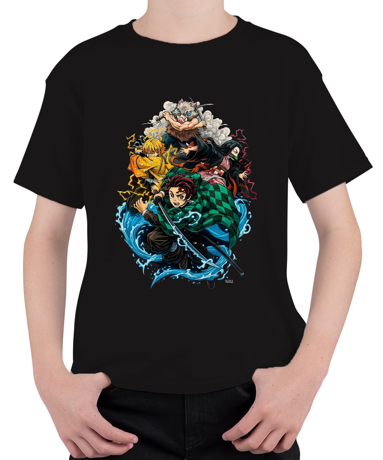 Printera Unisex Kids Black Demon Slayer Kimetsu No Yaiba Tanjiro Nezuko Zenitsu Fan Gift Children's T-Shirt, 140