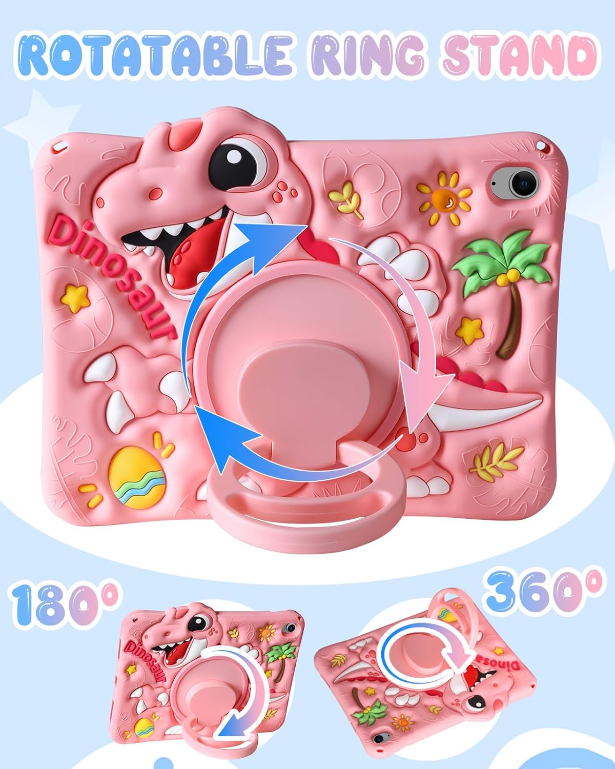 Boaretiu Tablet Case - Cute Cartoon Silicone Cover with Adjustable Shoulder Strap & Rotating Stand for Kids Boys Girls, for iPad 11th(A16) 2025 11 inch/10th Generation 10.9" 2022 Case, Pink Dinosaur