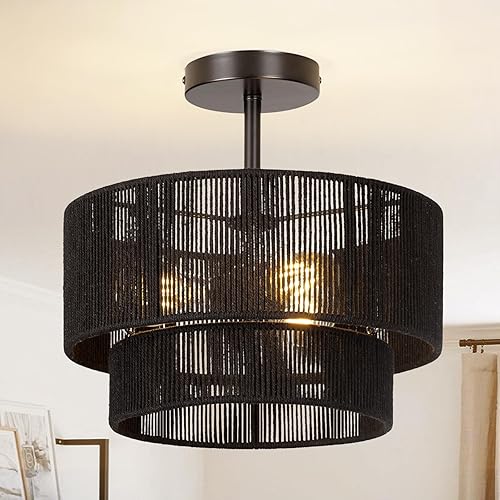 Miniatura 8 de Lámpara de Techo Semiempotrada de 16'', Lámparas Bohemias con Pantalla de Tela Blanca de Tambor de 2 Niveles, Lámpara de Tambor de Ratán de 3 Luces