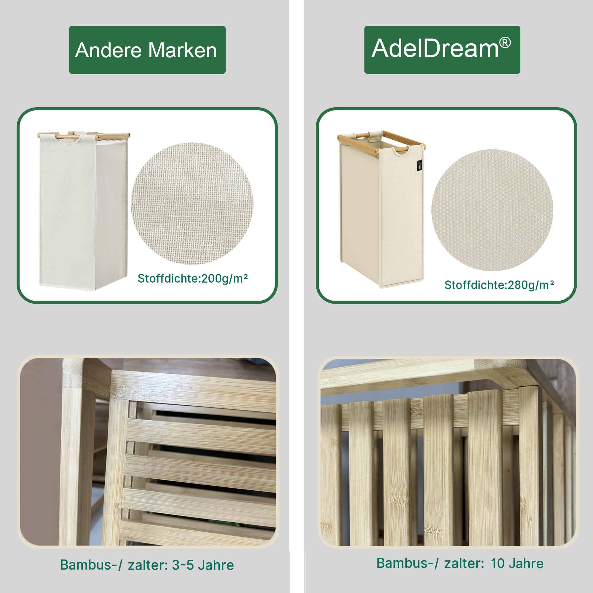 ADEL DREAM Wasmand, 4 vakken, wasverzamelaar, 140 liter, wasboxen met mand, wassorteerder met 2 waszakken en 2 stoffen boxen met plank, waszak, bamboe, wasrek, wasbox, laundry basket, donkergrijs