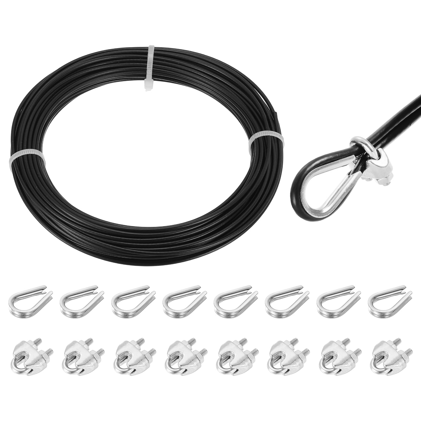 QUARKZMAN 8 Pezzi Di Morsetti A Vite E Girelle Cavo 66ft 20m Nero | 4mm Rivestito In Vinile, In Acciaio Inox 304, Per Ringhiere Pavimentazioni Appendere Stendibiancheria
