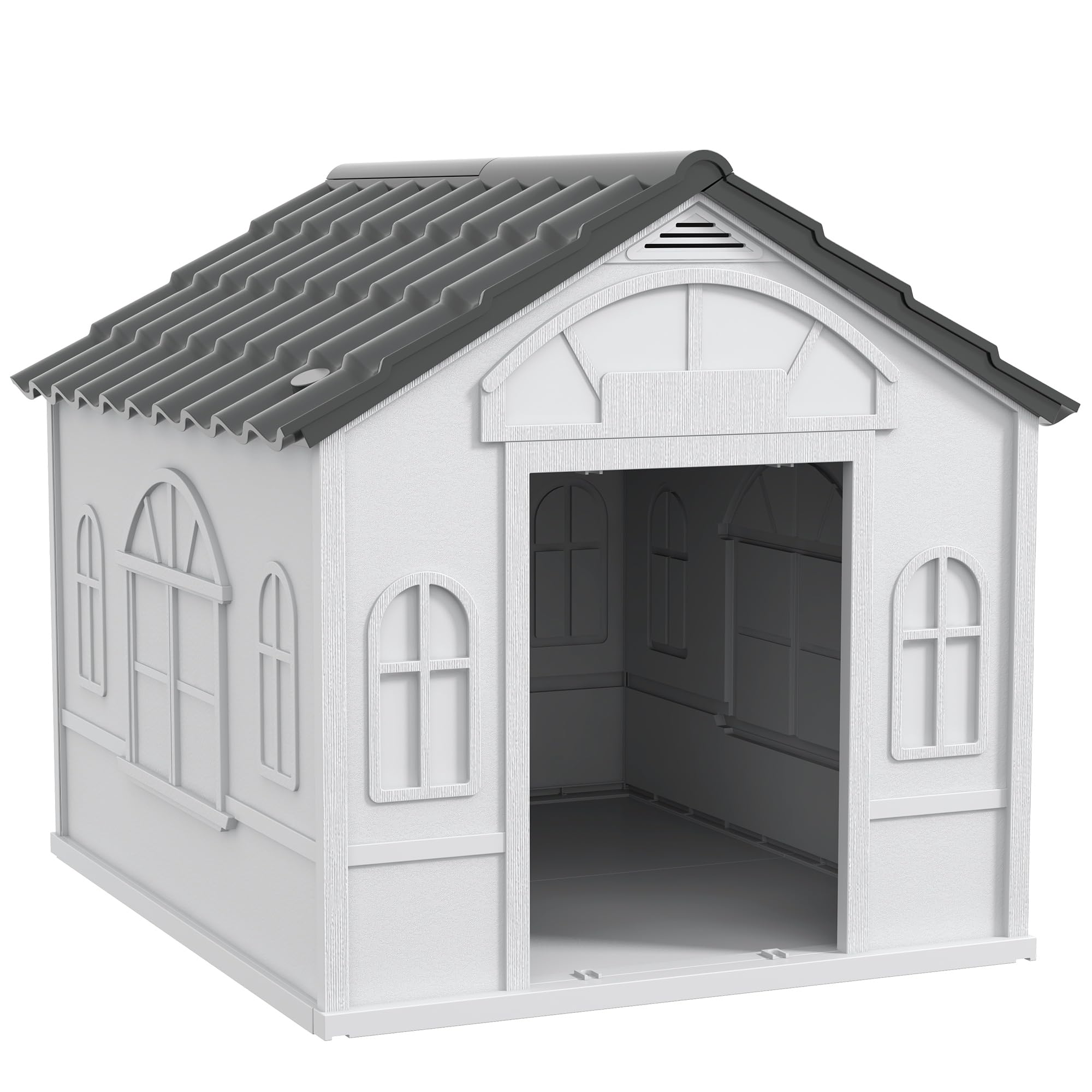 PawHut Caseta para Perros Medianos 84,2x98,2x82 cm, Casa para Perros con Patrón de Ventana, Techo de Tejas de Imitación, para Interior y Exterior, Gris y Blanco