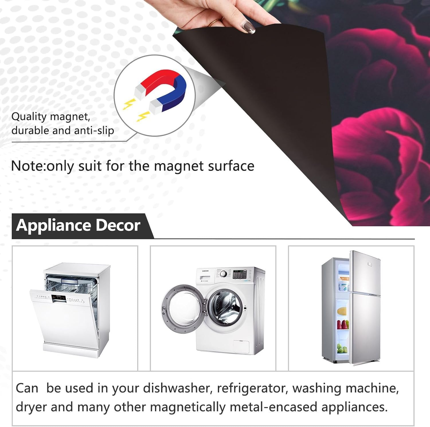 Vnurnrn Vivid Flowers Dishwasher Magnet Cover, Dish Washer Cover for Kitchen Decor, Easily Trimmable Dishwasher Sticker Refrigerator Magnetic Cover 23×26 in