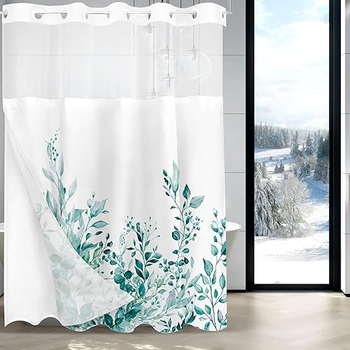 Miniatura 89 de Tititex - Juego de cortinas de ducha de hojas de eucalipto verde con cierres de presión, sin ganchos, forro interior verde, hojas de acuarela en la