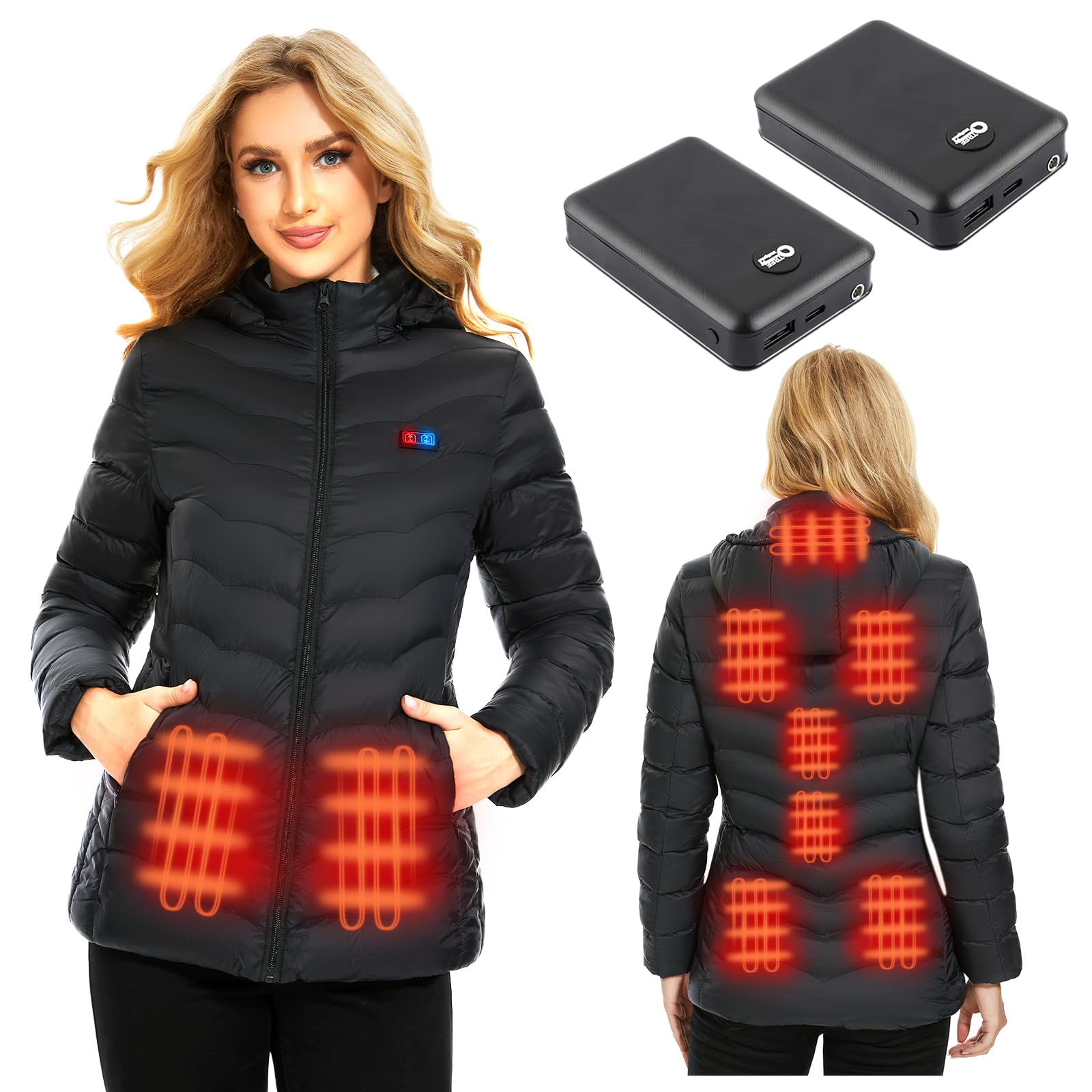 QTREE intelligenceHeated Jacket for Women with 2PCS 10000mAh Power Bank,9 Heating Areas Slim Fit Jackets