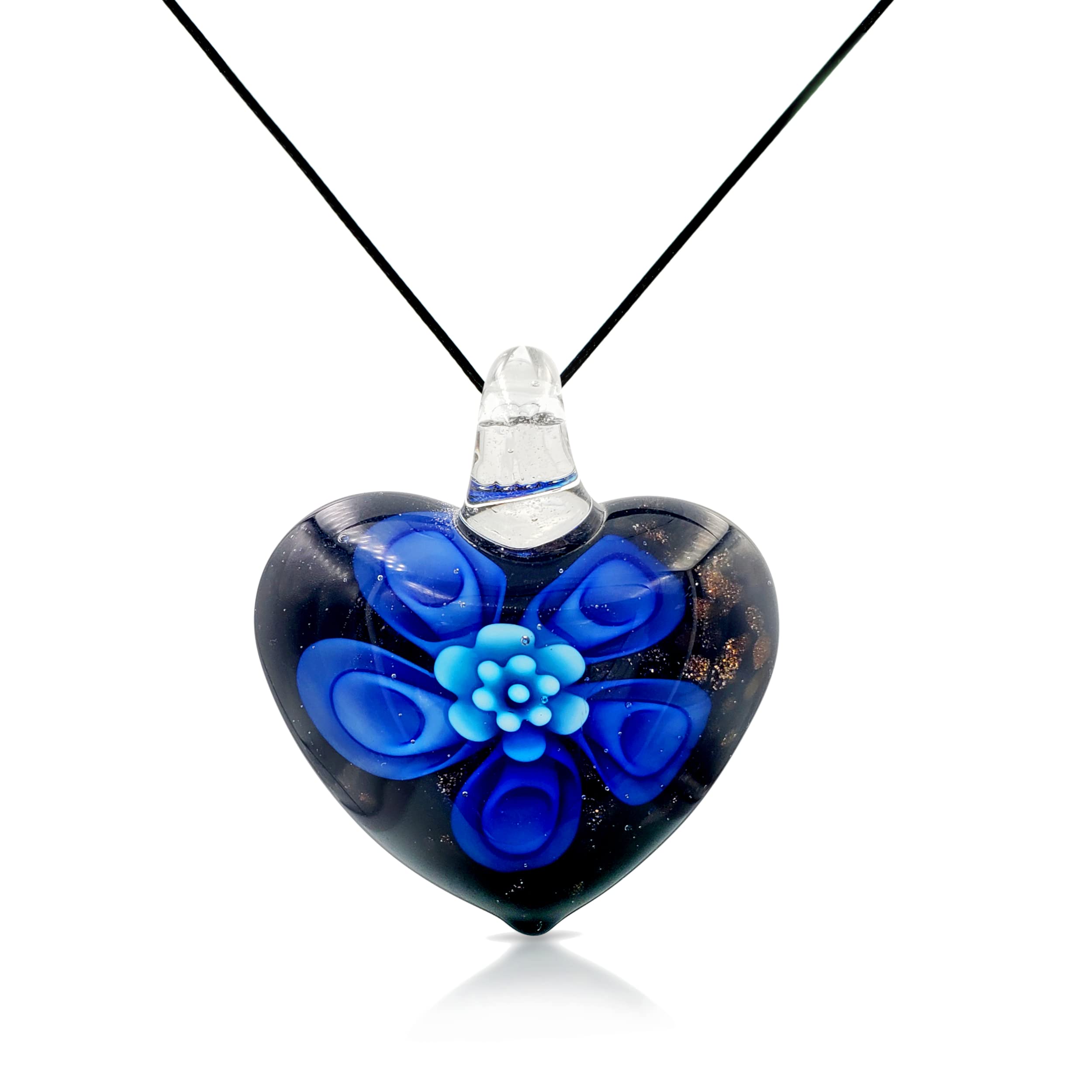 Handmade Murano Inspired Blown Glass Lampwork Art Flower and Heart Necklace Pendant for Women Handcrafted Artisan Hypoallergenic Italian Style Jewelry