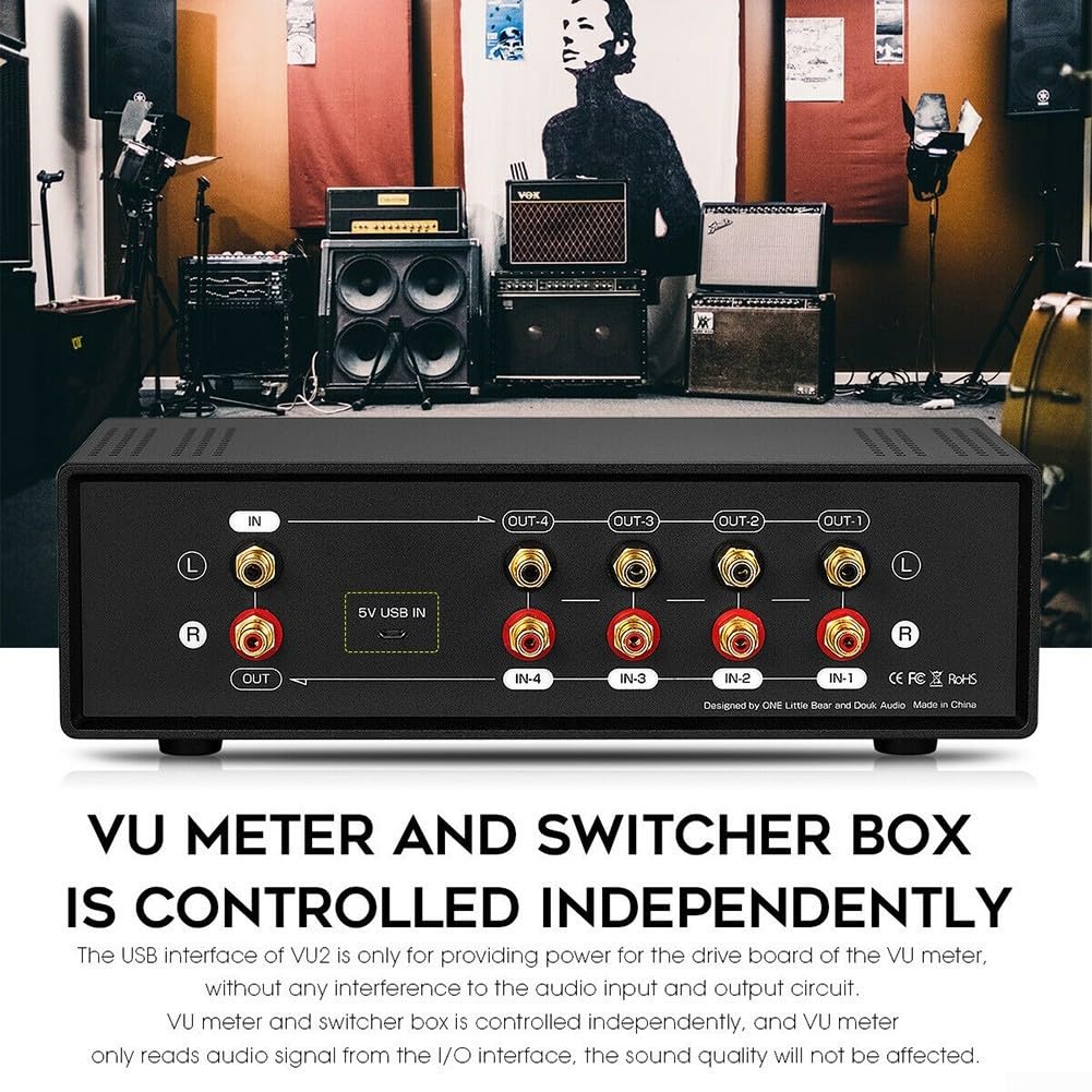 Caja de conmutación de audio analógica de doble medidor VU, 4 vías para indicador de nivel de sonido estéreo RCA con ajuste de retardo de ganancia, modo DB/ACG, control remoto para monitoreo de