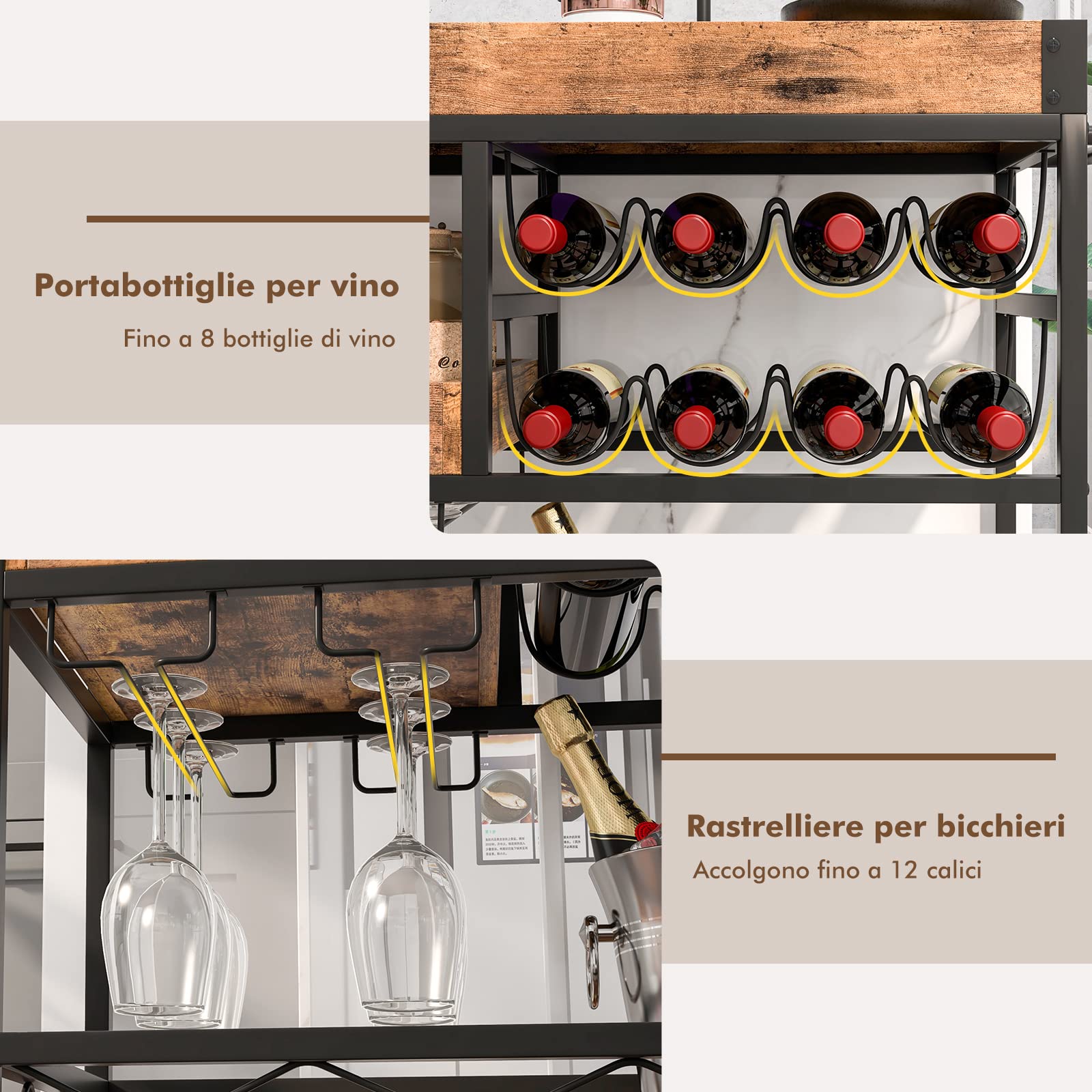 COSTWAY Carrello Bar a 3 Livelli, Carrello da Cucina con Vassoio Rimovibile, Portabottiglie e Porta Calici, con Ruote Bloccabili e Maniglie, per Cucina, Sala da Pranzo e Bar
