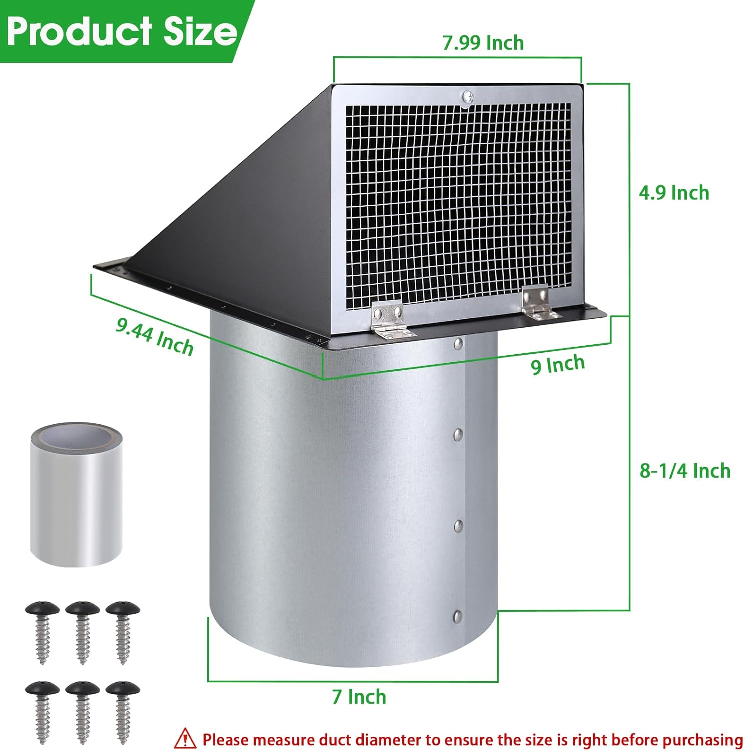 7 Inch Hooded Wall Vent with Mesh and Damper, 7'' Exhaust Vent Cover Cap for Kitchen Range Hood/Dryer/Laundry/Bathroom Exhaust Fan,Outside Wall Vent Hood Exterior Duct Vent Cap-Galvanized Steel,Black 7 Inch Black