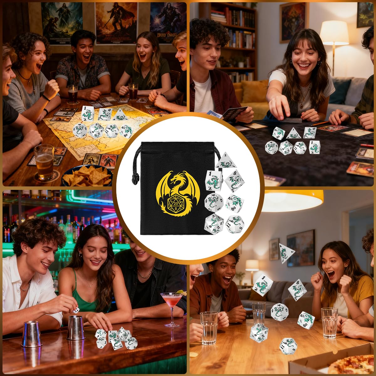 Lot de Dés en Métal DND, Vert Motif de Dragon Plat, 7 Dés Polyédriques en Métal, MTG, RPG, Accessoires de Jeu de Société, Cadeaux D&D avec Sac Cadeau, D4, D6, D8, 2 D10 (00-90 et 0-9), D12, D20, Blanc | Lot de 7 dés DND polyédriques en métal, cadeaux D&D,