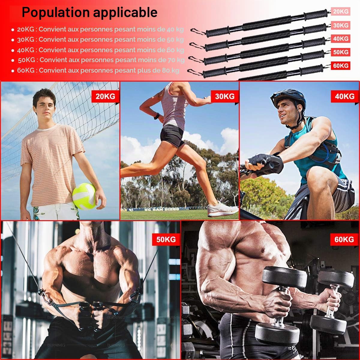 Power Twister Professionnel Barre à Ressort pour la Musculation des pectoraux/épaules, 20 kg, 30 kg, 40 kg, 50 kg, 60 kg, Ressort Musculation, Appareils Bras