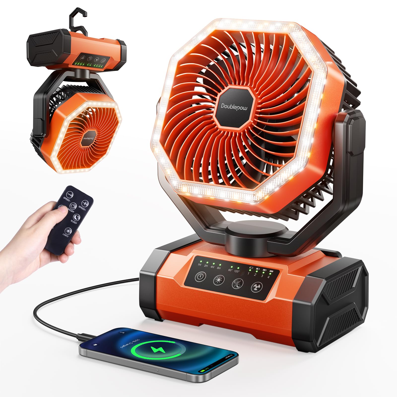 Doublepow Ventilador de camping de 20.000 mAh con luz LED, ventilador de mesa portátil con control remoto y gancho, oscilante automático, 4 velocidades y temporizador, funciona con batería recargable