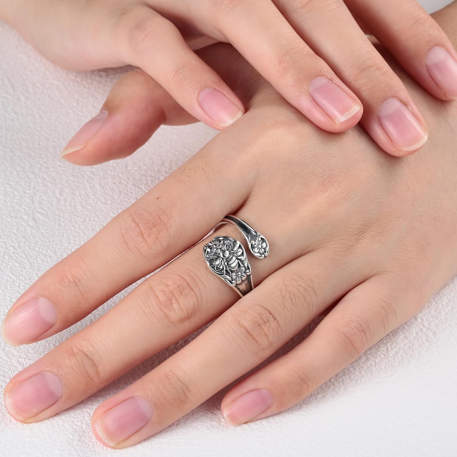 Sterling Silver Spoon Ring for Women Bee Cross Vintage Adjustable Bees Flower Spoon Rings for Thumb Rings Jewelry Gifts for Mom Grandma (Bee) - Image 7