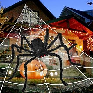 Halloween Decorations Outdoor, 276" Giant Spider Web with 60" Large Spiders and 20 Little Spiders, Hanging Huge Spider Webs and Scary Black Spider for Home Party Yard House Decor