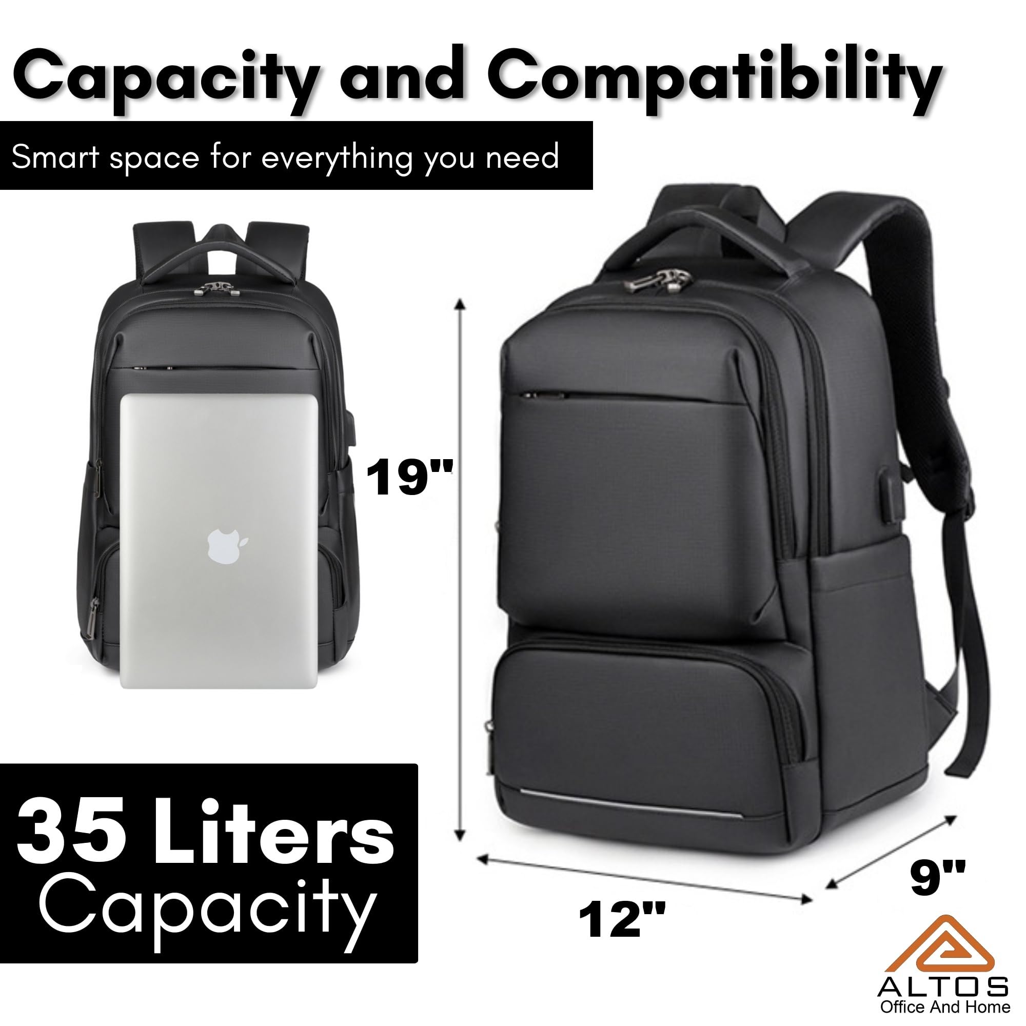 ALTOS OFFICE AND HOME Premium PU Leather Laptop Backpack–Stylish, Waterproof, and Durable Bag for 15.6 Laptops with USB Charging Port, Padded Straps, Multiple Compartments and Luggage Strap for Travel