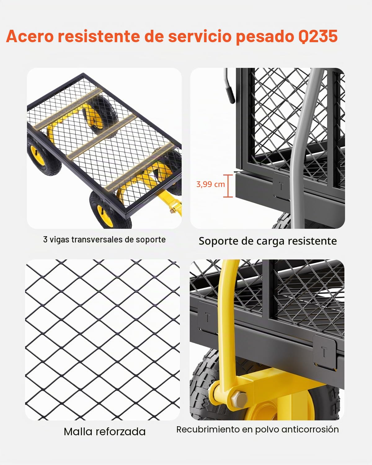 VEVOR Carrito Resistente de Jardín de Acero de 1700 x 480 x 515 mm con Neumáticos de 10", Laterales de Malla Extraíbles y Manija Giratoria de 180°, Capacidad de Carga de 226,80 kg, Amarillo y Negro