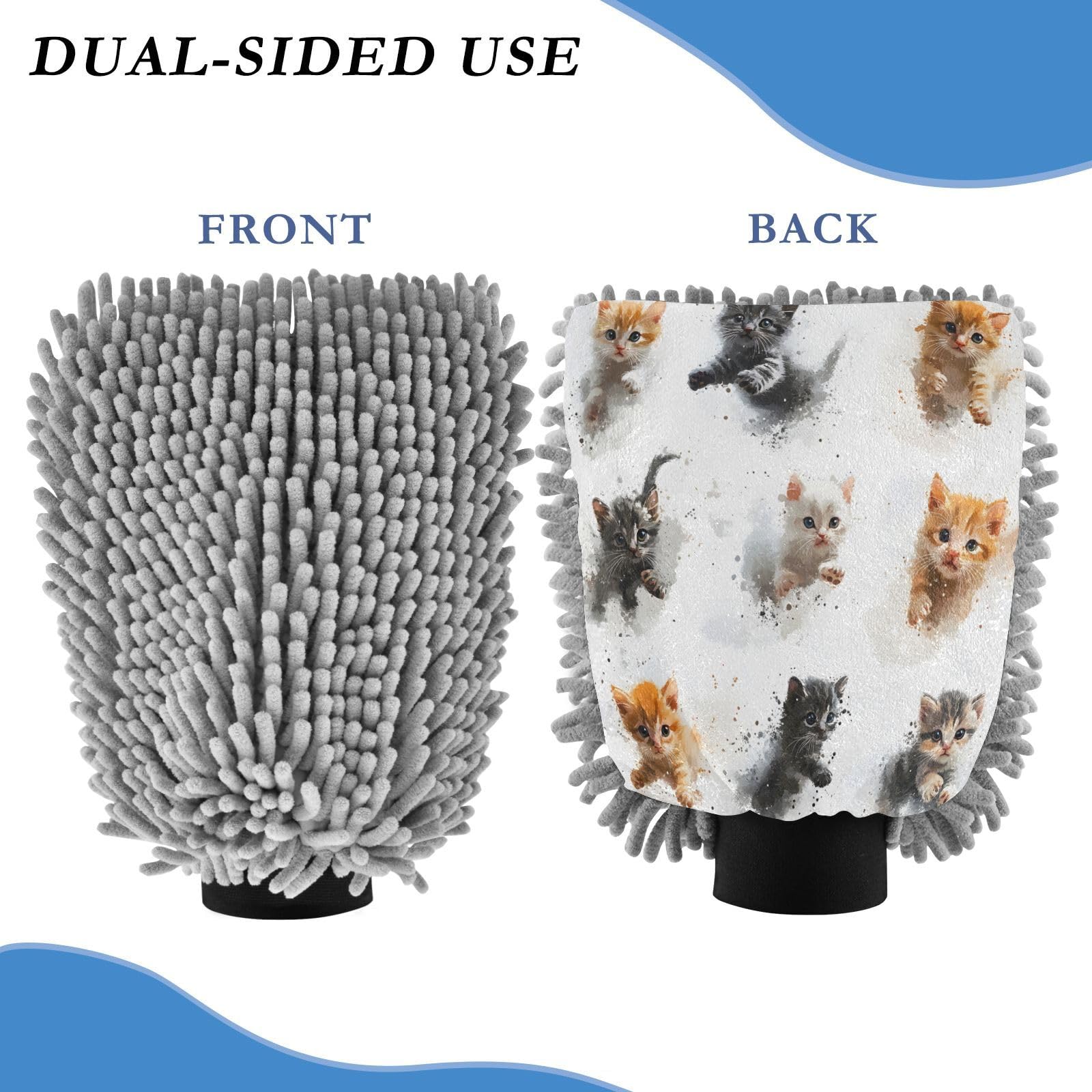 STAYTOP Cute Kittens Car Wash Mitt Microfiber, 2Pcs Scratch Free Lint-Free, Premium Chenille Microfiber Mitt Car Wash Brush-M