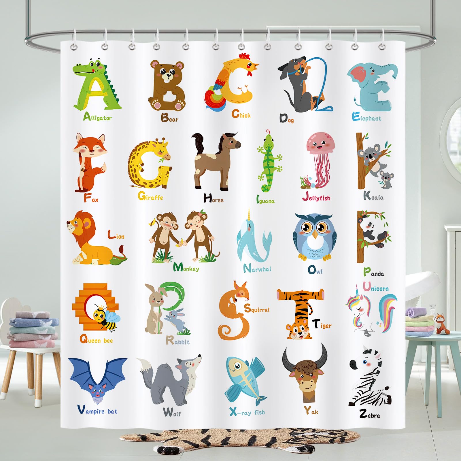 COZZSNUGE Kids ABC Shower Curtain, Colorful Cartoon Animal Alphabet Educational Bathroom Curtain 180 x 180 cm, Water Repellent Mildew Resistant Polyester with 12 Hooks