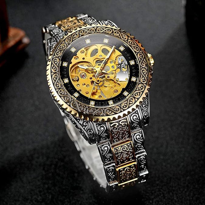 Men's Automatic self Wind Watches Luxury Gold Silver Stainless Steel Auto Mechanical Waterproof Skeleton Watches