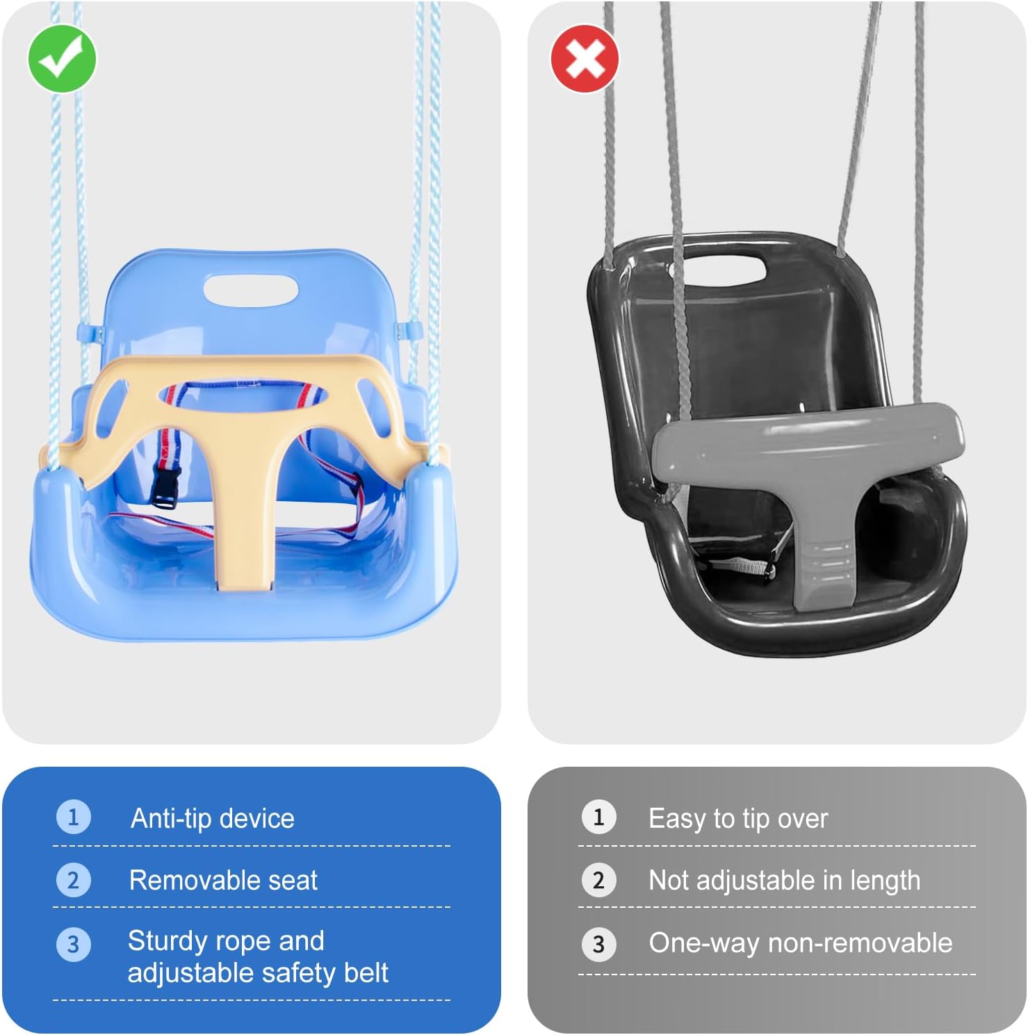 Toddler Swing, 3-in-1 Baby Swing Seat, Anti-Flip Snug & Secure Detachable Kids Swing Set, Infants to Teens Swing Seat for Playground Indoor Outdoor. (Macaron Blue)