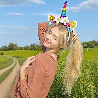 2 Pcs Rainbow Unicorn Headband Hair Bands Flower Glitter Ears Photo Props Hair Accessories, Headwear Accessory for Birthday Party Decoration Cosplay Costume 3 years plus