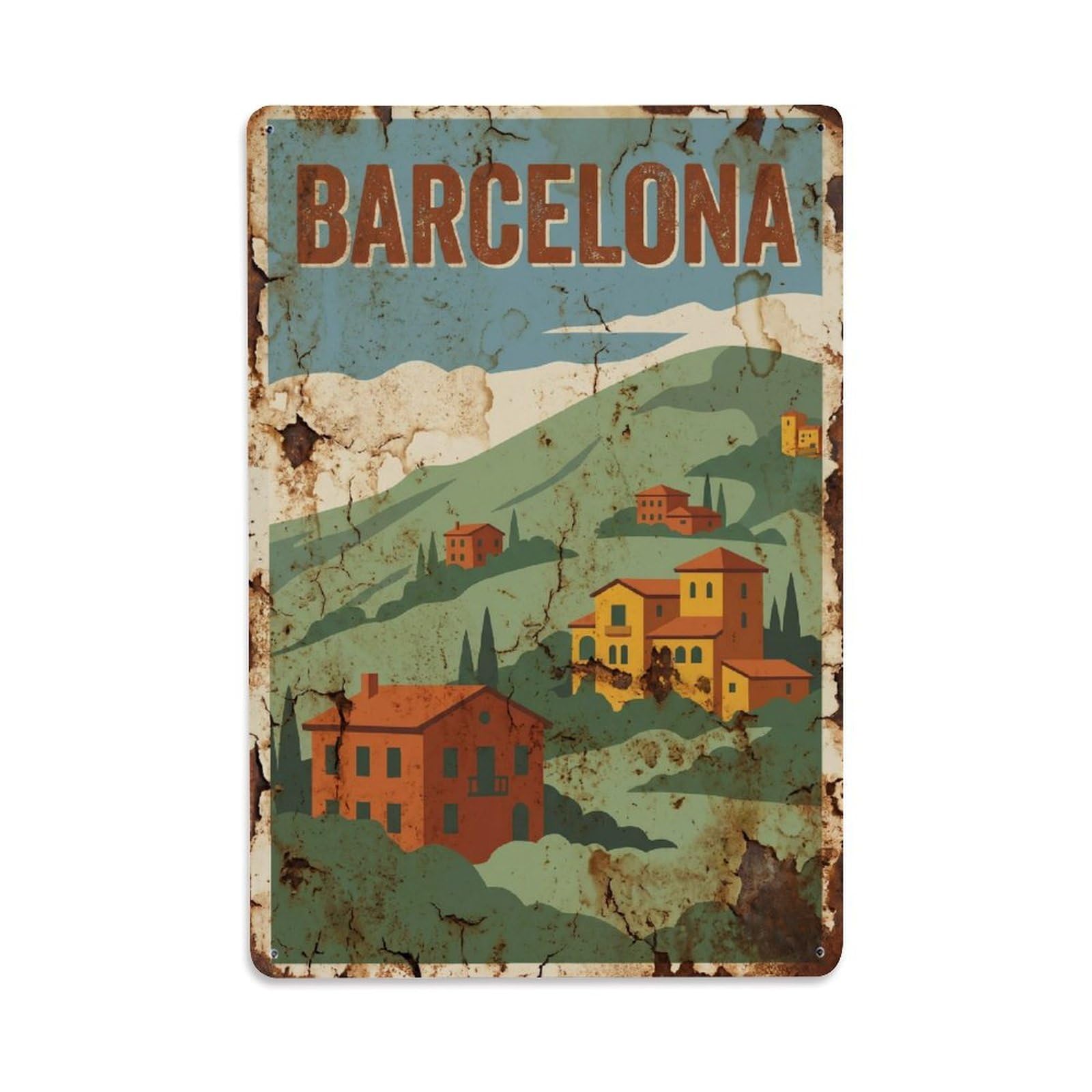 Okngb Style Hillside Terraces Barcelona Spain Retro Landscape Route Metal Tin Sign Plaque Wall Decor For Cafe, Man Cave, Club Bar, Office, Home Garden Round Metal Poster 8X12inch