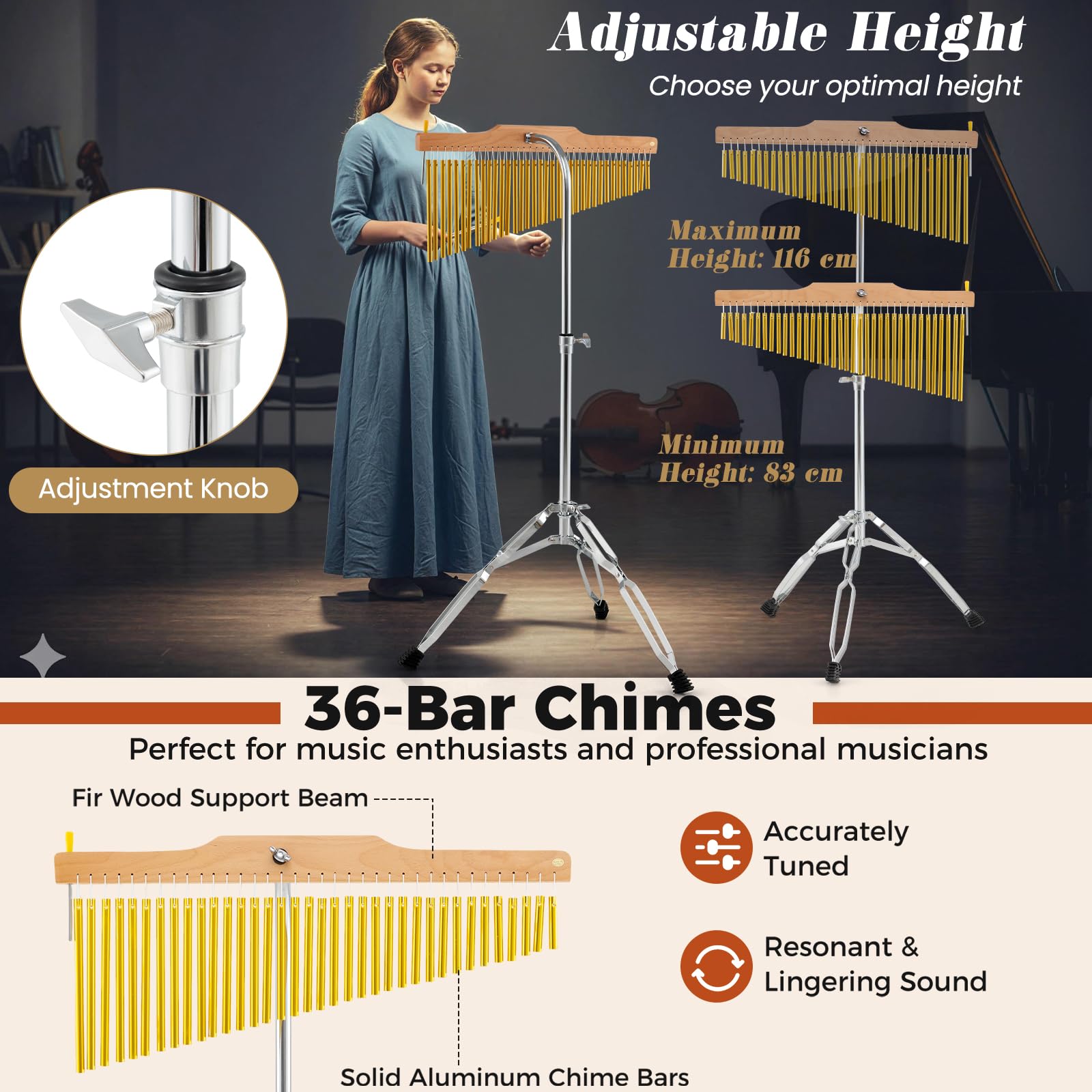 KOMFOTTEU Campane Tubolari a 36 Barre, Strumento a Percussione Musicale a Singola Fila, Supporto Pieghevole e Regolabile, Portatile con Borasa da Trasporto e Bacchetta, Bar Chimes per Principianti