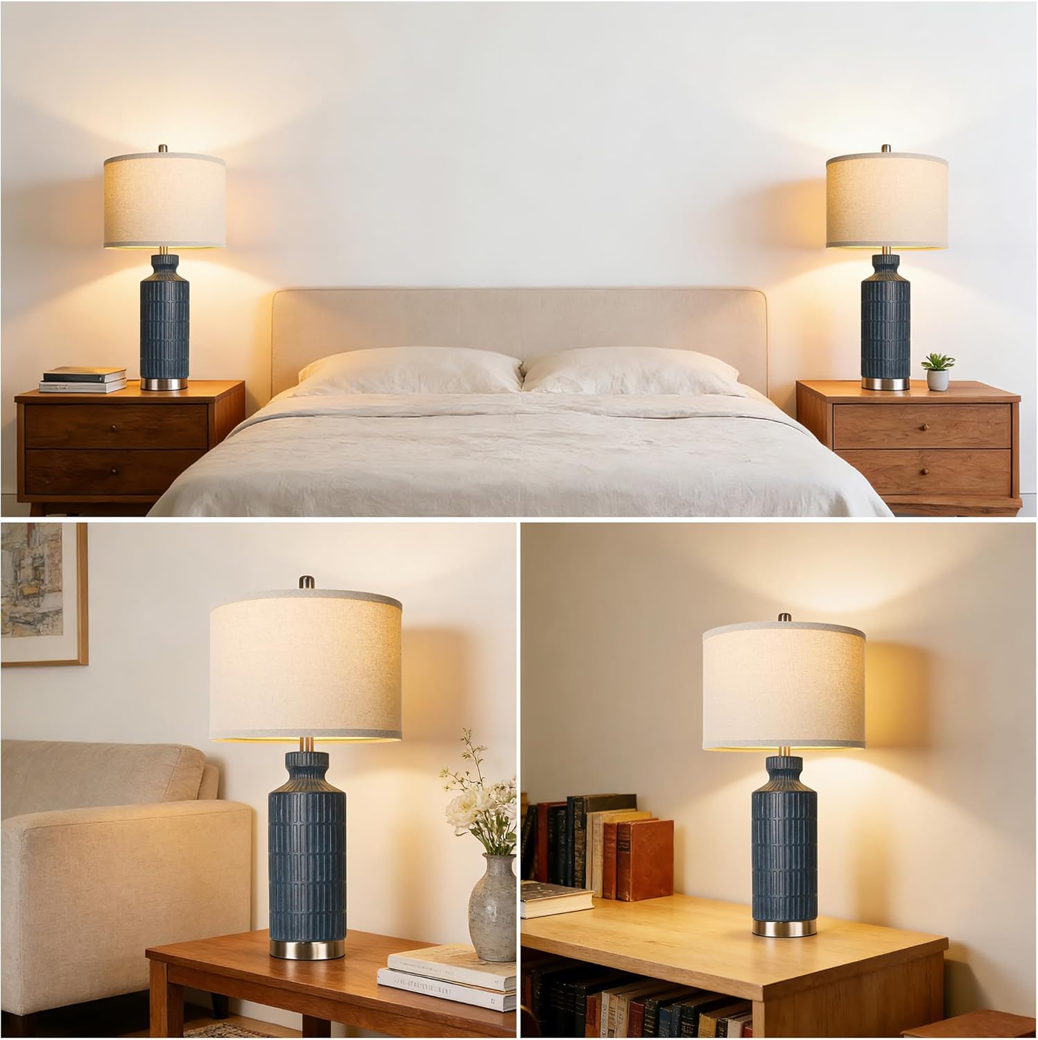 Modern Table Lamps, 26'' Ceramic Table Lamps Set of 2, Nightstand Lamps for Bedroom, Blue Desk Lamp, Bedside Lamps for Living Room, Unique Desk Lamp, Pearl Black Metal Base, Home Decor,2 Bulb Included