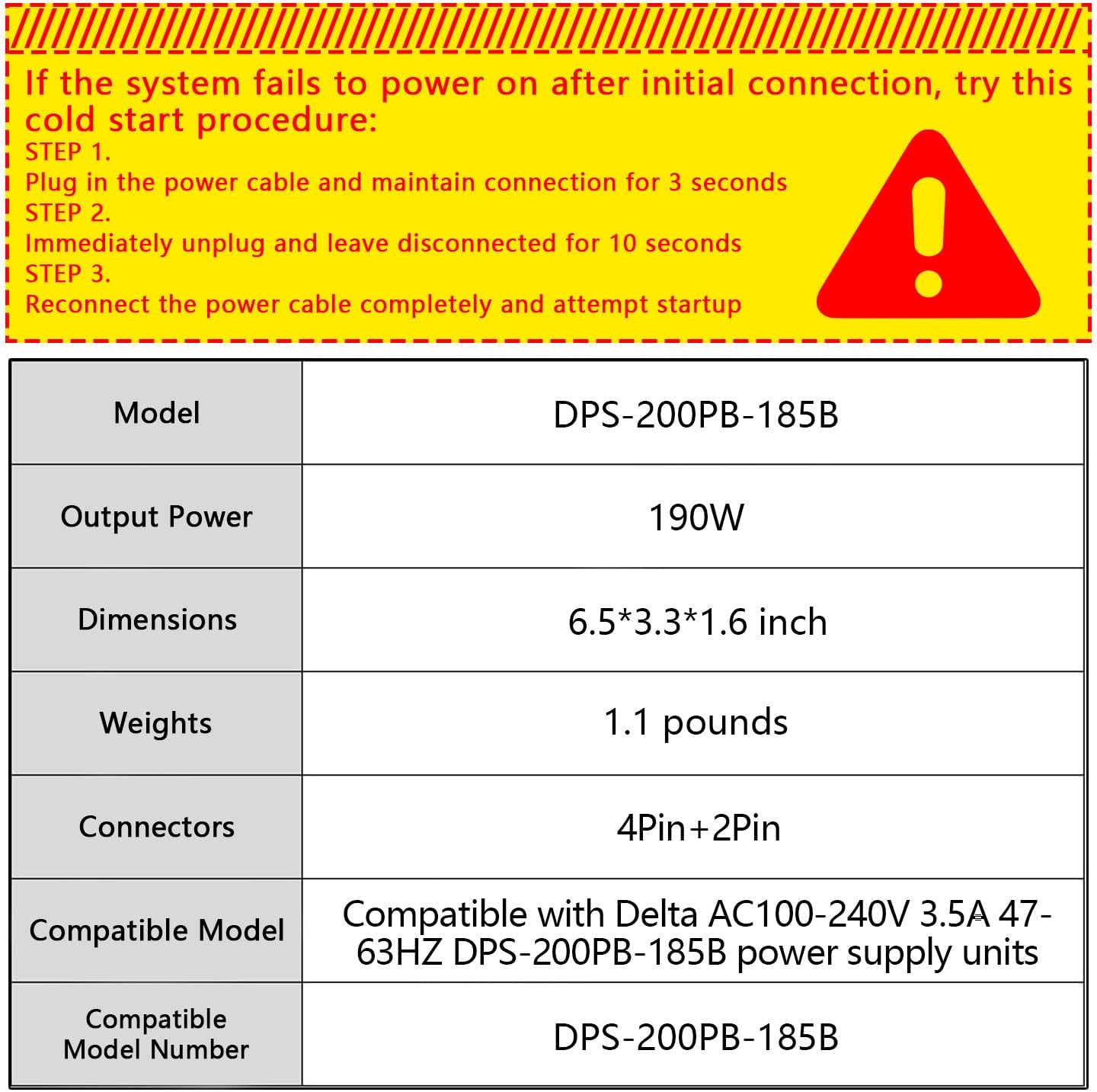 190W Power Supply Compatible with Delta, AC100-240V, 3.5A, 47-63HZ, DPS-200PB-185B