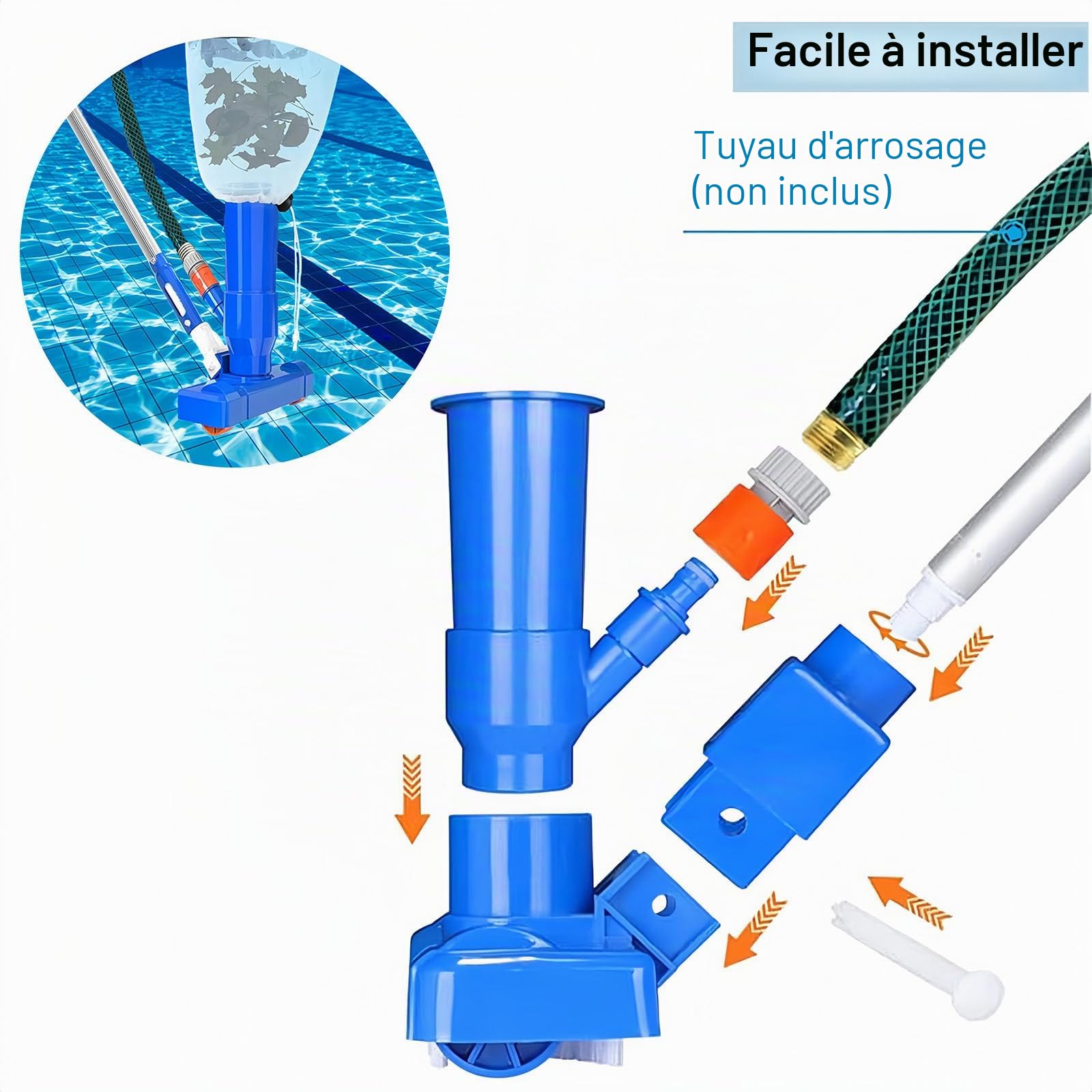 Kit aspirateur de piscine portable Jet Vacuum Head avec tige télescopique, kit de nettoyage avec brosse à récurer et filet de skimmer pour le nettoyage des feuilles, de la saleté, du sable, de la boue