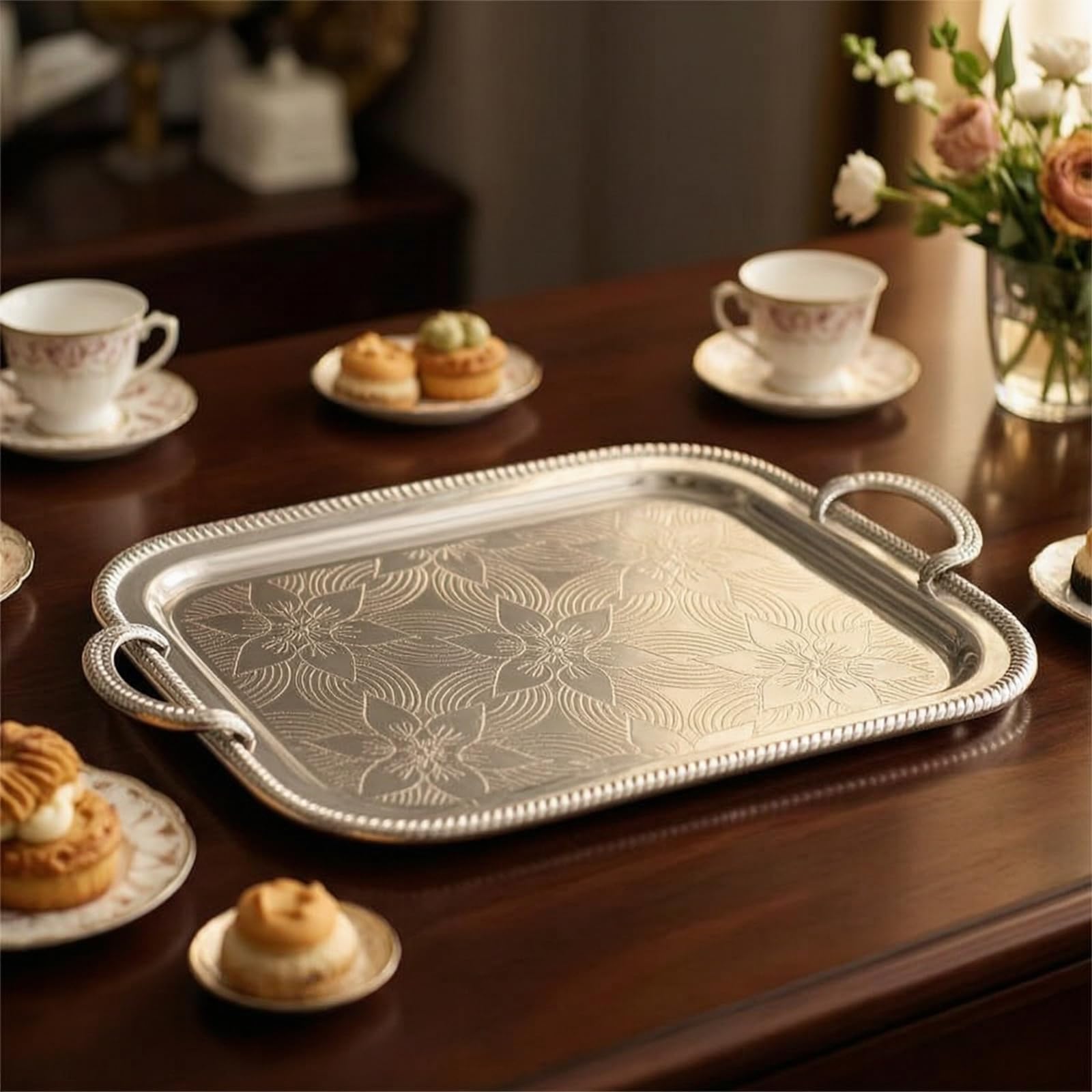 Baoblaze Bandeja Industrial Bandeja para Servir Bandeja Metálica Bandeja Rectangular Bandeja con Asas Hierro con Acabado Espejo y Diseño Grabado Adecuada para, Plata, Grande