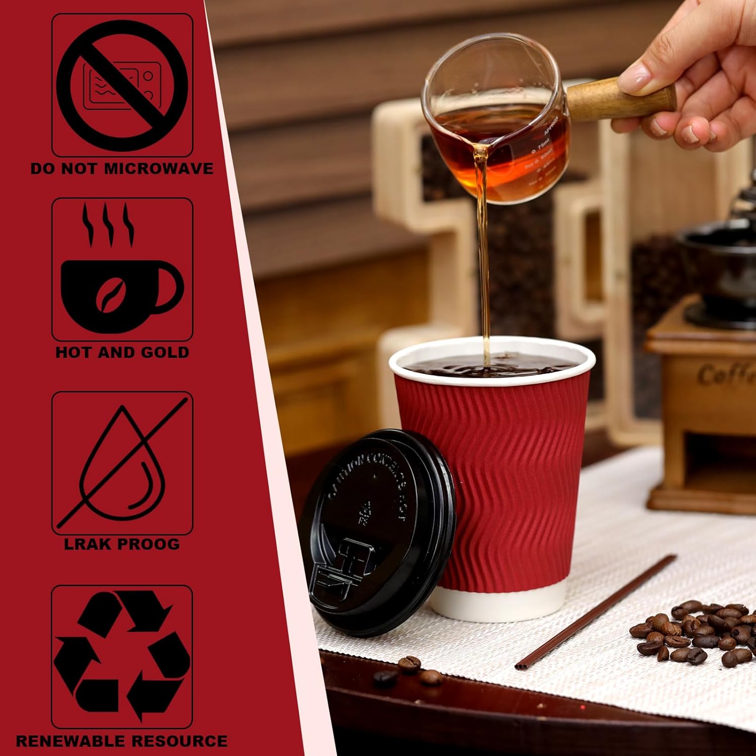 Pickmesh 150 Set 12 oz Disposable Coffee Cups with Lids and Straw To-go Hot Paper Coffee Cup Multicolor Insulated Corrugated Ripple Paper Cups for Home Restaurant Mardi Gras(Xmas Red, Green)
