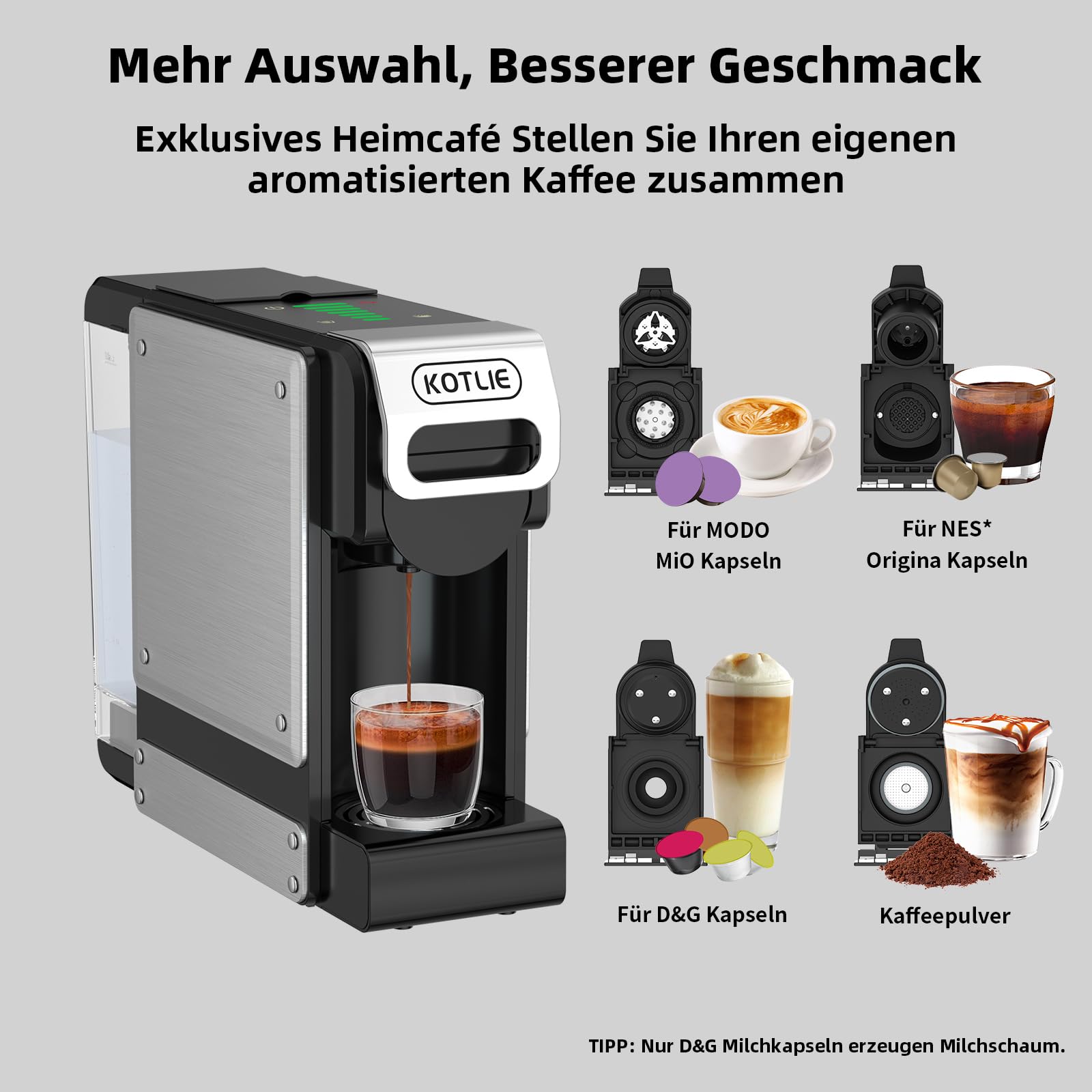 KOTLIE 550 Multi-Kapselkaffeemaschine für Kapseln und gemahlenen Kaffee | 4-in-1 für NES Original/DG*/Mio* Kapseln und Pulver,7 Wassermengen, 1L Wassertank, Kompakt.