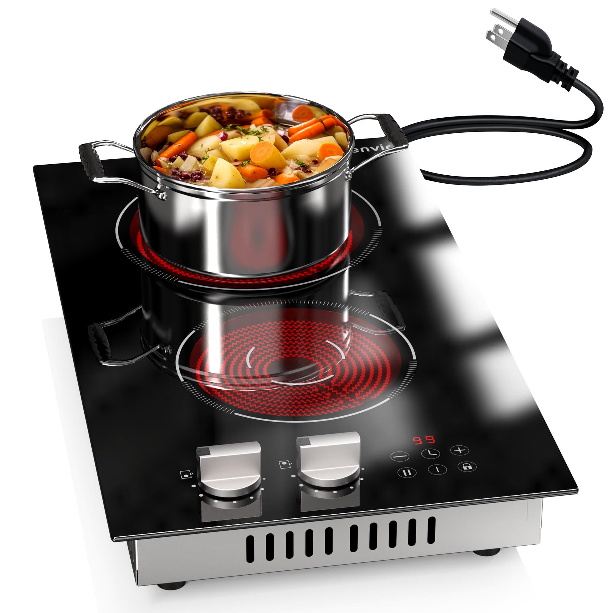 2 Burner Electric Cooktop, 110V Plug in 2000W, 12 Inch Built-in or Countertop Stove with Gray Knob, Electric Burners for Cooking 9 Power Levels, Safety Lock &amp; Timer for Kitchen
