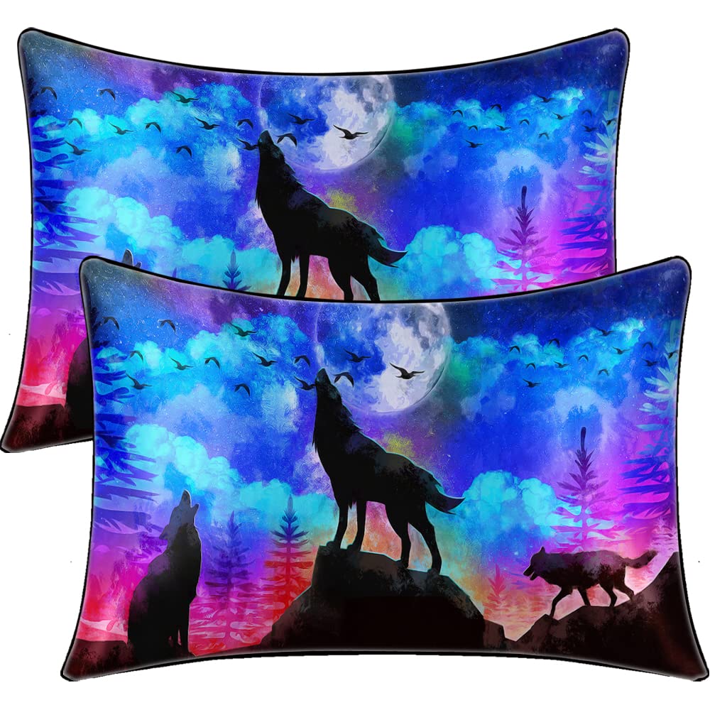 BlessLiving Satin Pillowcase Wolf Animal Pillowcases Set of 2 3D Galaxy Moon Wolf Print Silky Soft Pillow Cases for Kids Boys Pillow Covers with Envelope Closure (Queen(20''x30''))