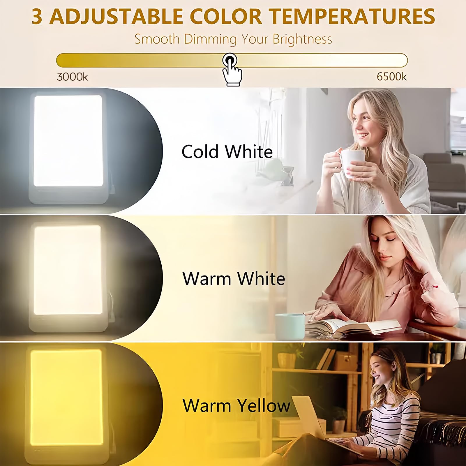 Tageslichtlampe 15000 Lux,LED Lichttherapielampe Tageslicht mit 3 Farbtemperaturen 6 Timer,LED Daylight Lampe, Touch-Control Sonnenlicht Lampe, Vollspektrumlampe für Zuhause/Büro