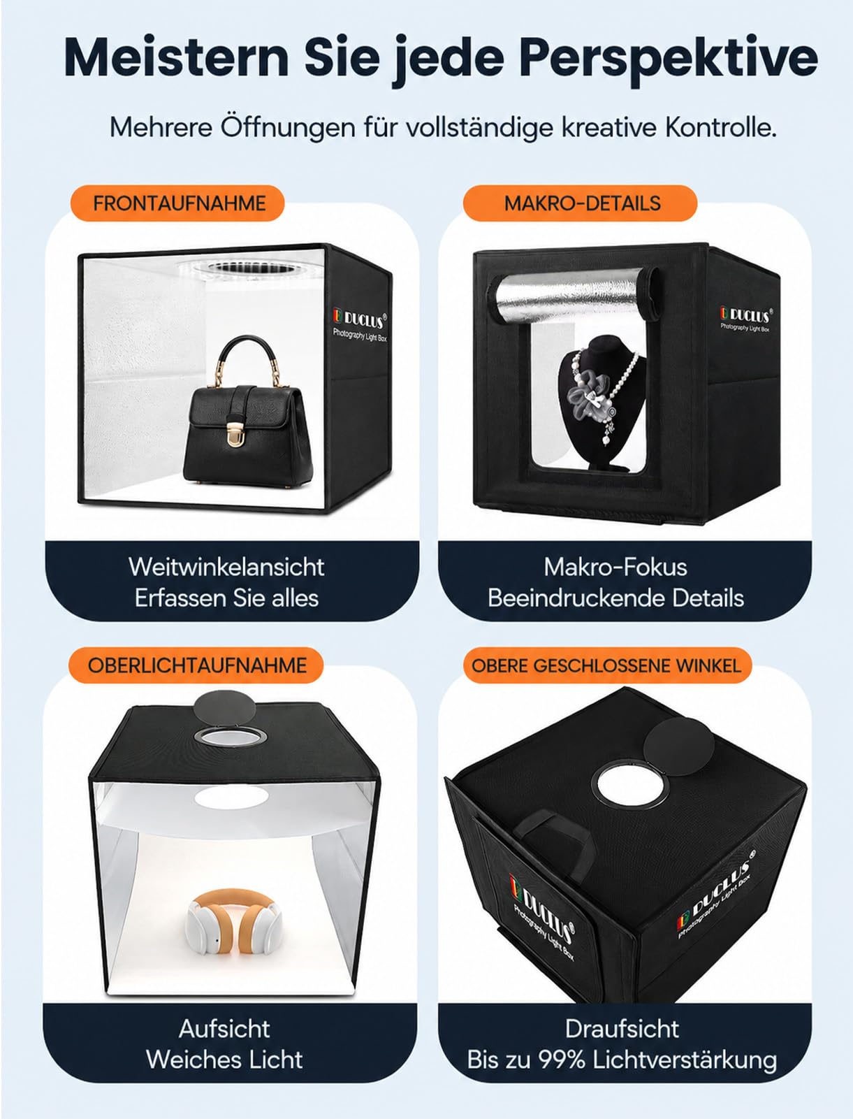 DUCLUS Fotobox 40x40 cm Faltbare Fotostudio, 5500K Dimmbare Lichtzelt Set mit 160 LED Beleuchtung und 8 Produktfotografie Hintergründe