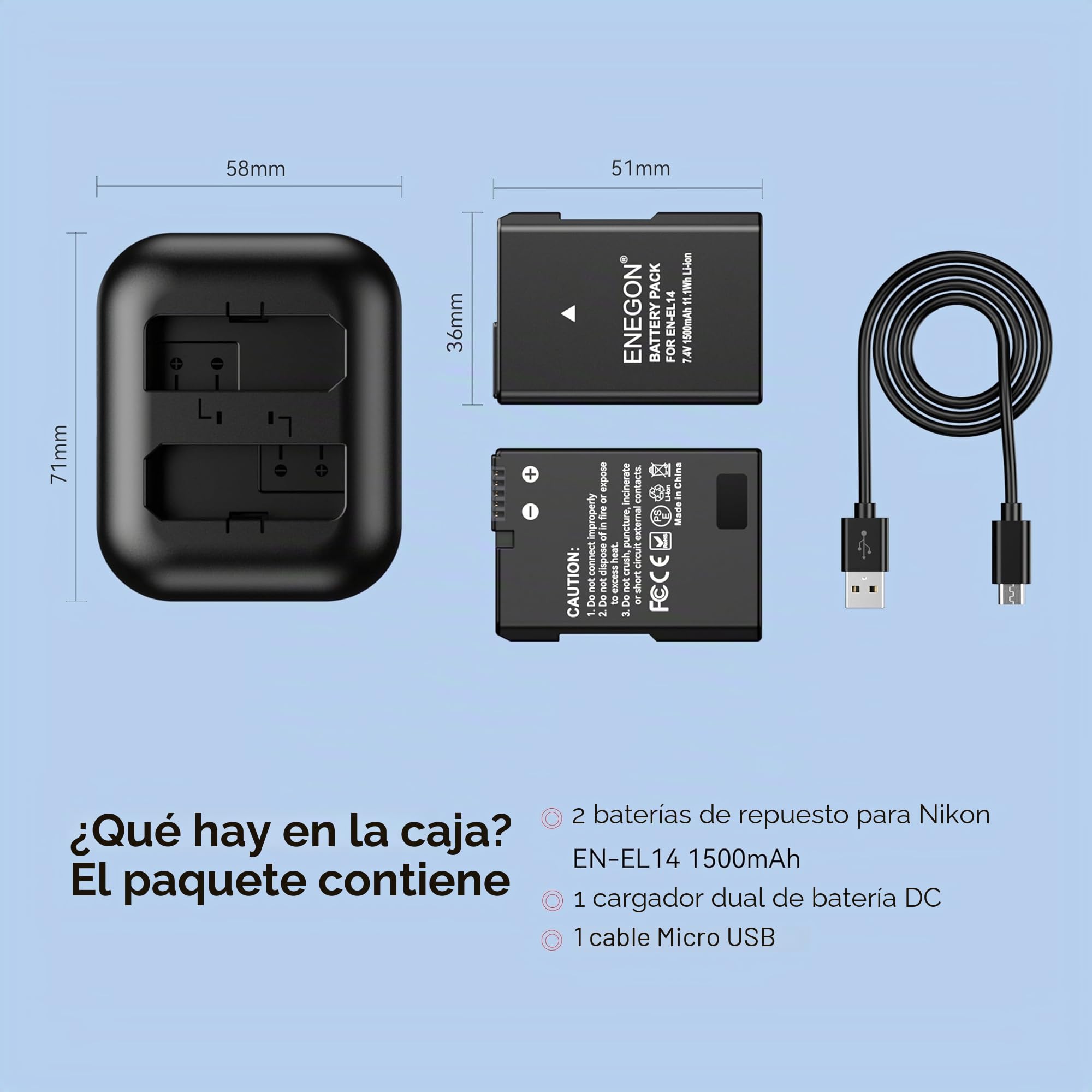 ENEGON Batería de Repuesto (Paquete de 2) y Kit de Cargador rápido para Nikon EN-EL14/EN_EL14a y DSLR D3100, D3200, D3300, D3400, D3500, D5100, D5200, D5300, D5500, D5600