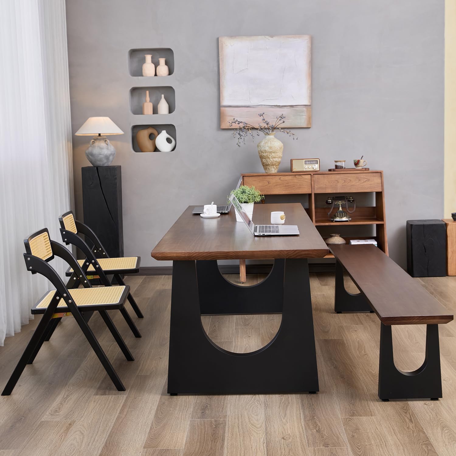 wangbochuan Wooden Executive Office Desk Computer Table Multi-Sized High Cost Performance Stylish Design Metal Legs Versatile Use for Office or Dining Casual Table (Walnut Color, 55.12in)