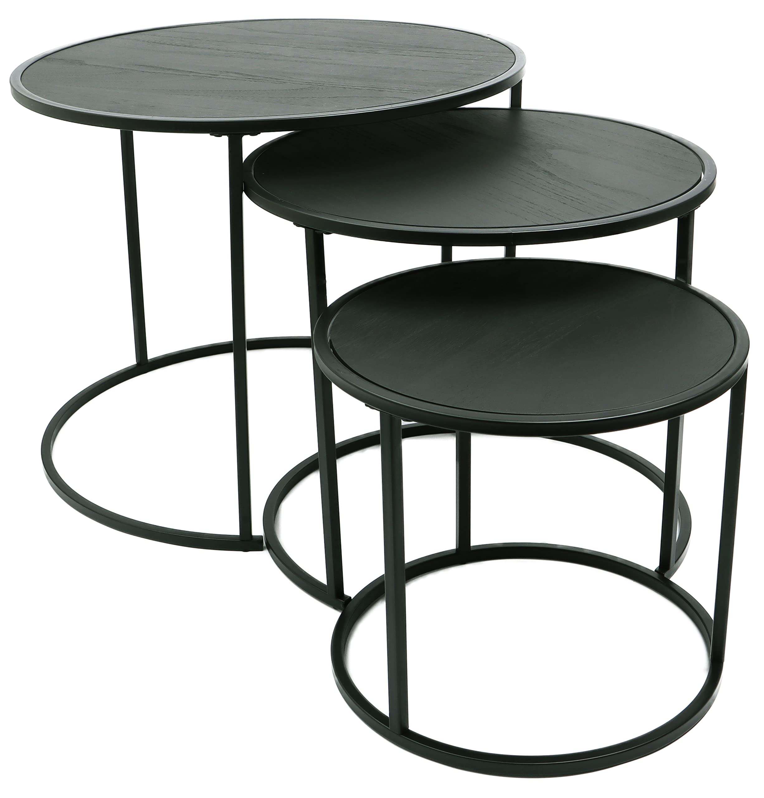 DIVCHI Runde Nesting 3er Set, Moderne Holzoptik mit Metall Schwarz Sockel, Couchtisch Beistelltische für kleine Räume, Nachttisch Nachttisch für Wohnzimmer, Schlafzimmer, Balkon