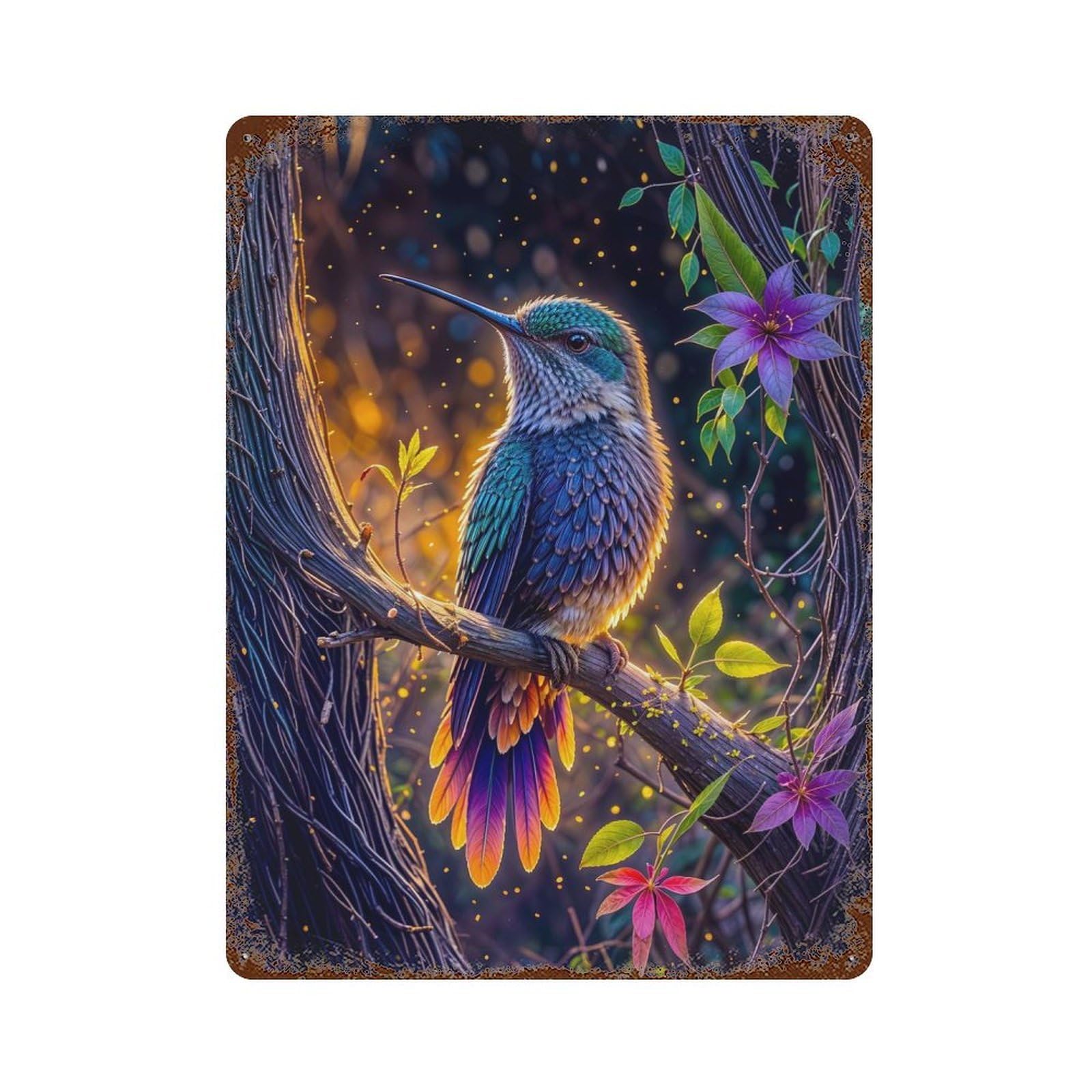 Rustic Tin Plaque with Hummingbird in A Forest Design 15.7"x11.8", for Pub, Kitchen And Man Cave Decor, Old School Wall Decor