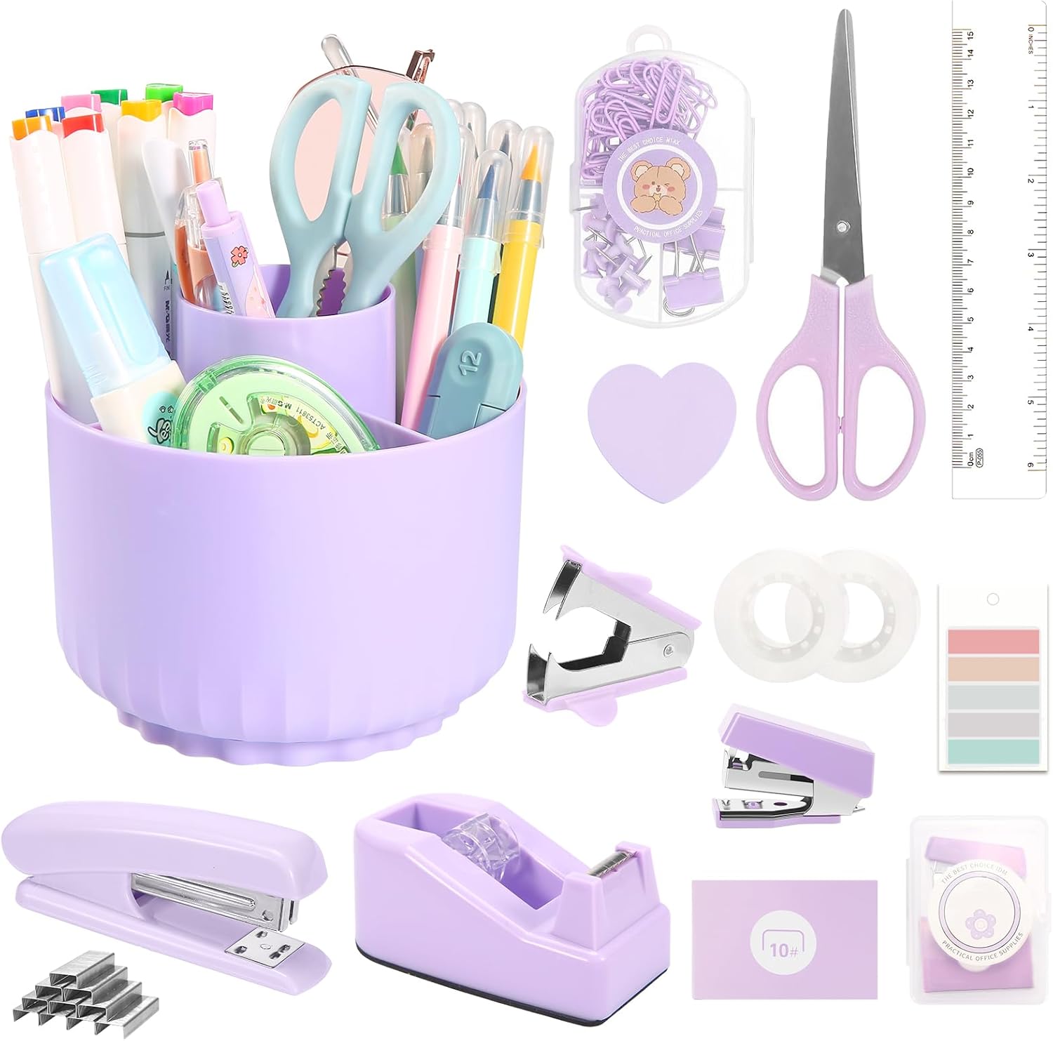 VZZNN Purple Office Supplies Set - 12-Piece Desk Organizer with 360° Pen Holder, Tape Dispenser, Stapler, Scissors, Ruler, Staple Remover, 1000 Staples, Tape, Clips, Sticky Tabs & Notes