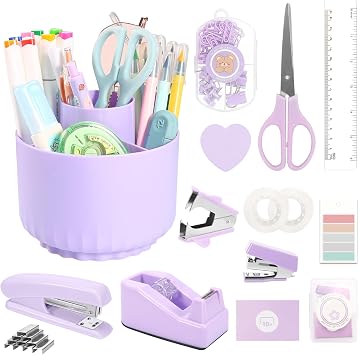 VZZNN Purple Office Supplies Set - 12-Piece Desk Organizer with 360 Pen Holder, Tape Dispenser, Stapler, Scissors, Ruler, Staple Remover, 1000 Staples, Tape, Clips, Sticky Tabs & Notes
